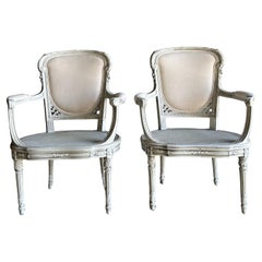 Antique 19th Century Painted French Cane Open Arm Chairs with Linen Upholstery