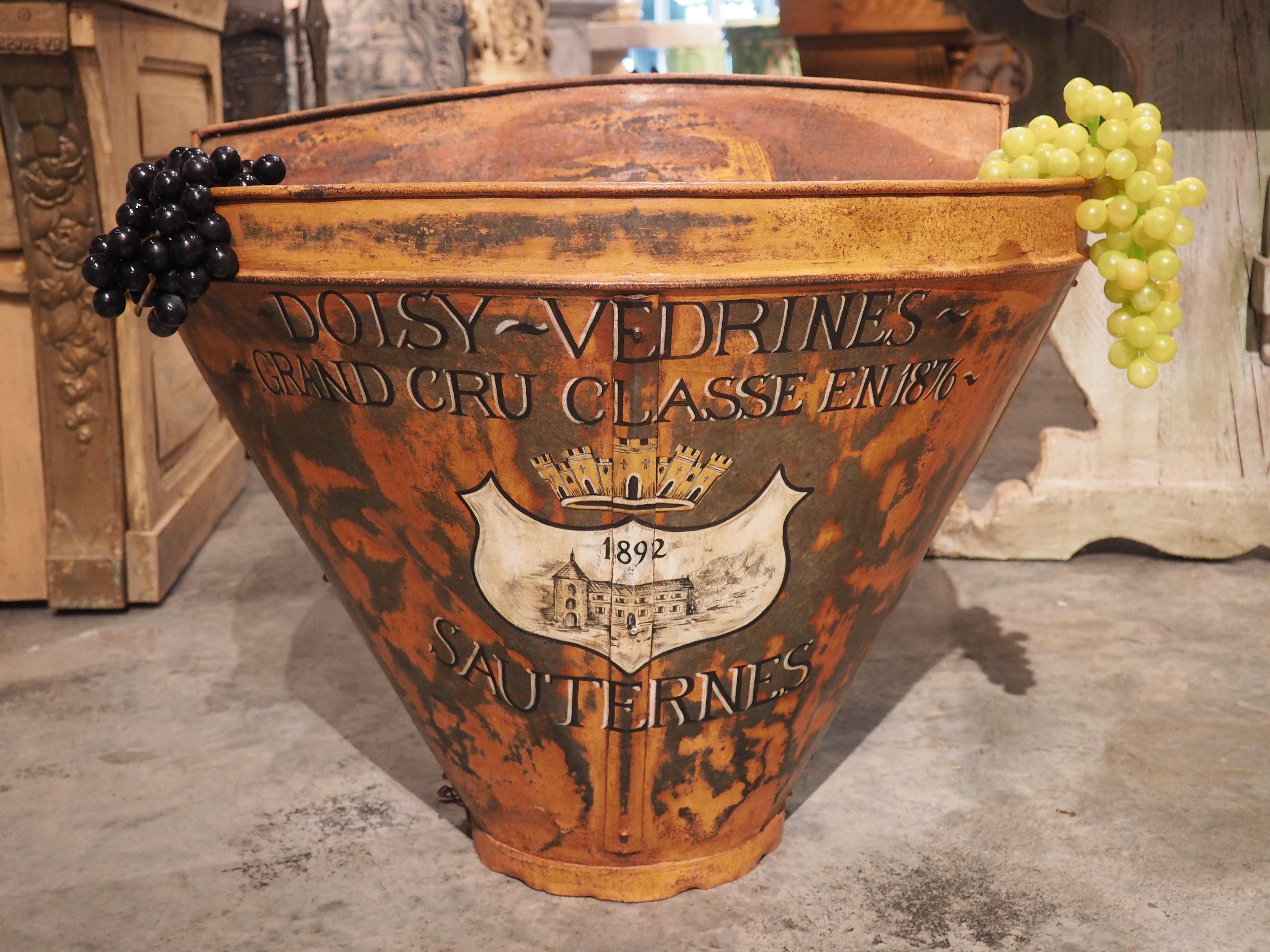 Grape hottes were used at French vineyards during the late 19th and early 20th centuries by workers when harvesting grapes. Our wide-mouthed hotte would have been used in the 1800’s at a vineyard in La Gironde. It has a rolled rim above a second