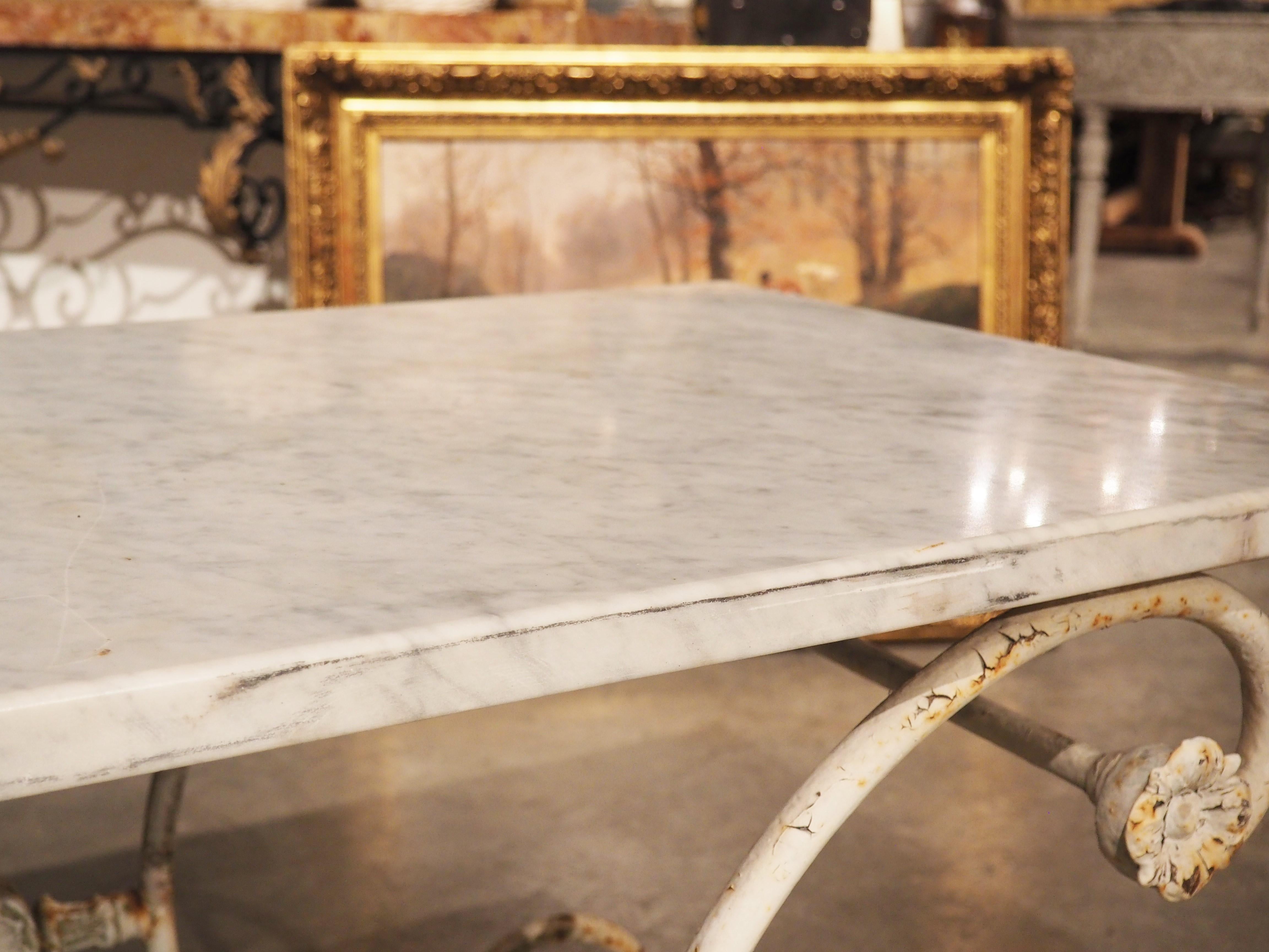 Hand-Carved 19th Century Painted French Iron Pastry or Butcher Table with Carrara Marble Top For Sale