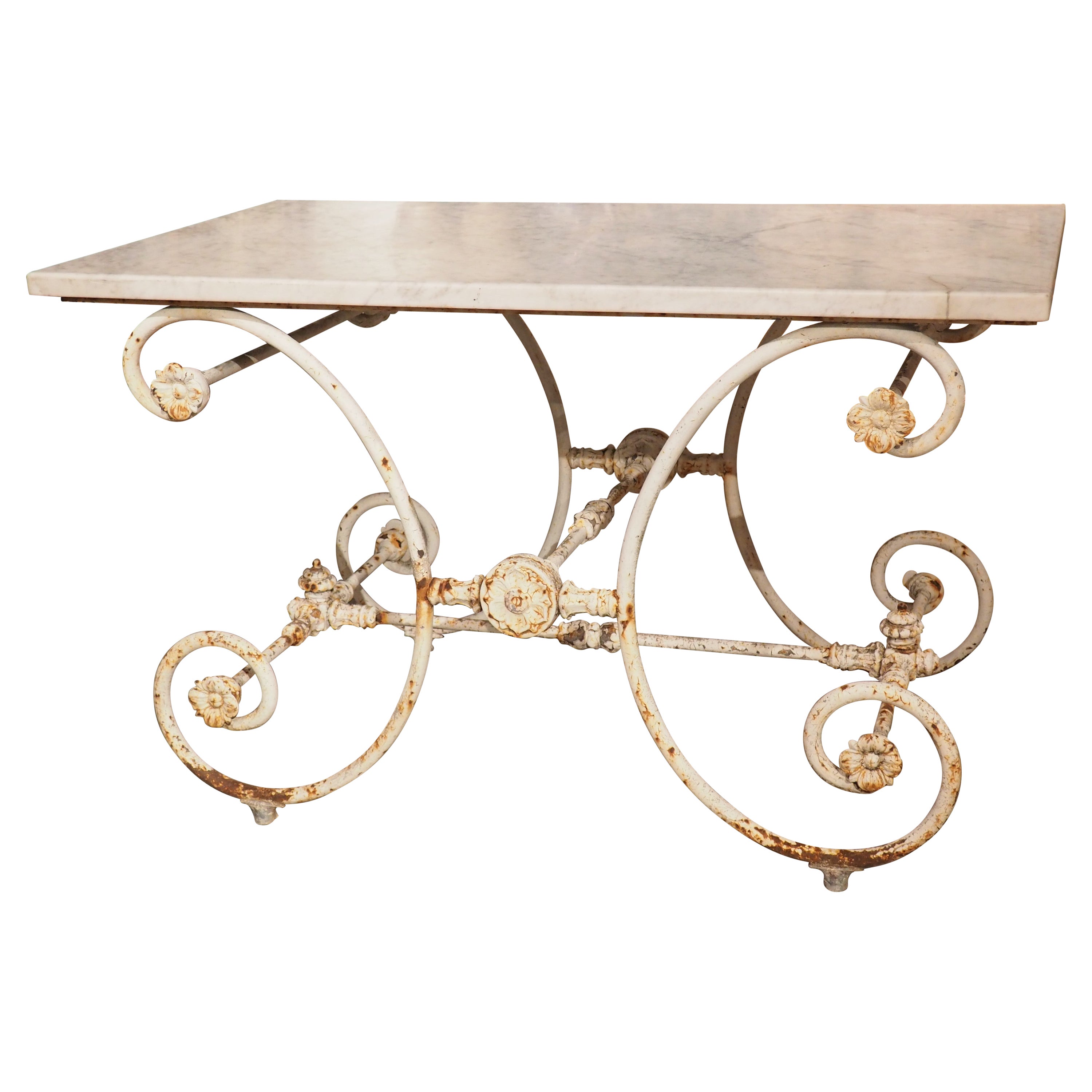 19th Century Painted French Iron Pastry or Butcher Table with Carrara Marble Top