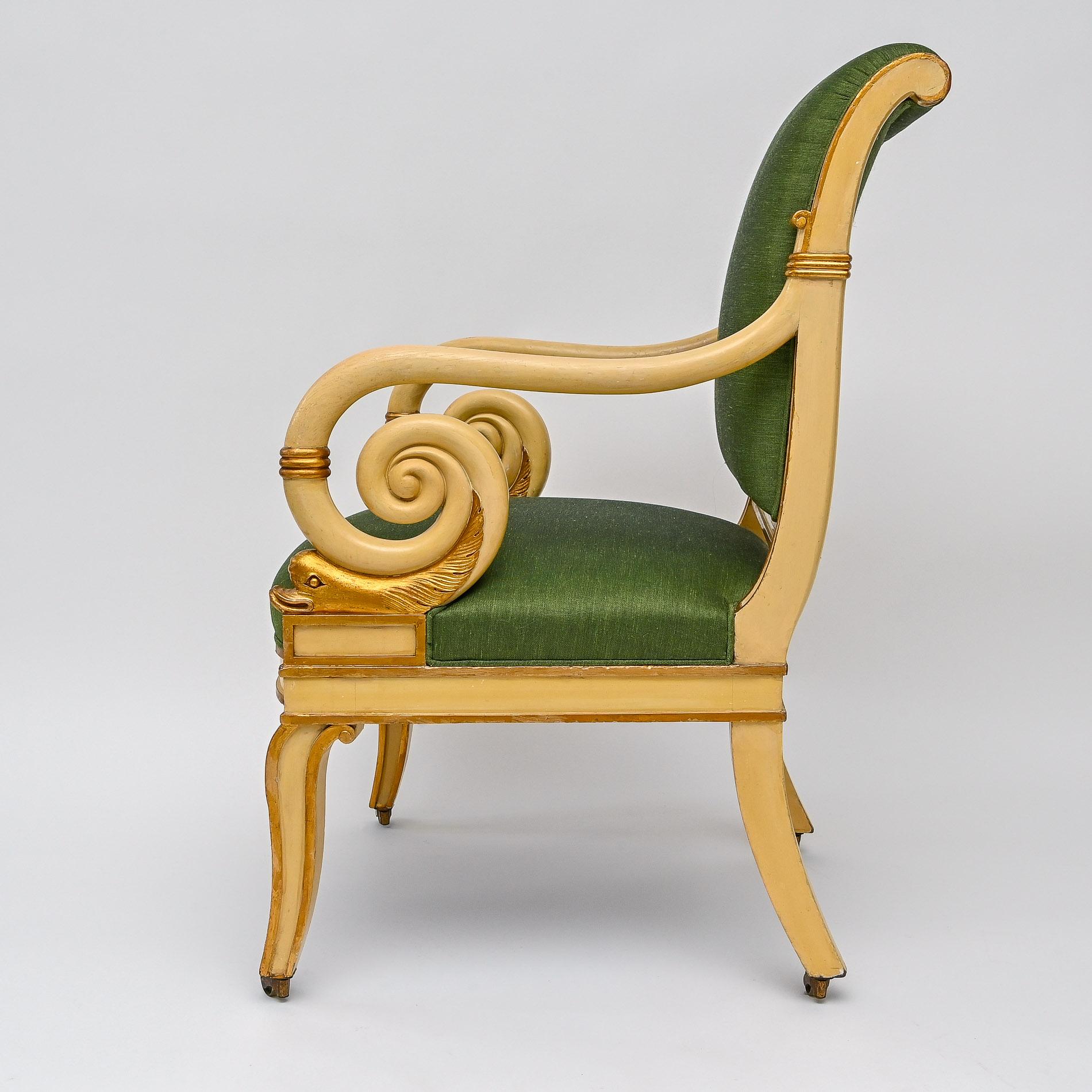 Restauration 19th Century Painted Gilded Armchair Dolphins France For Sale
