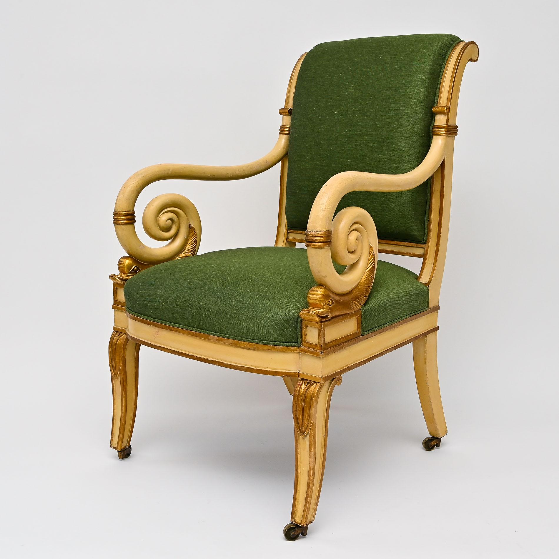 French 19th Century Painted Gilded Armchair Dolphins France For Sale