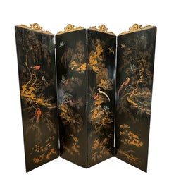 19th Century Painted & Gilt Decorated 4 Panel Screen