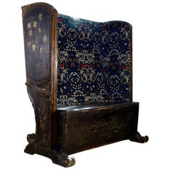 19th Century Painted Gothic Continental Leather Upholstered Settle Bench