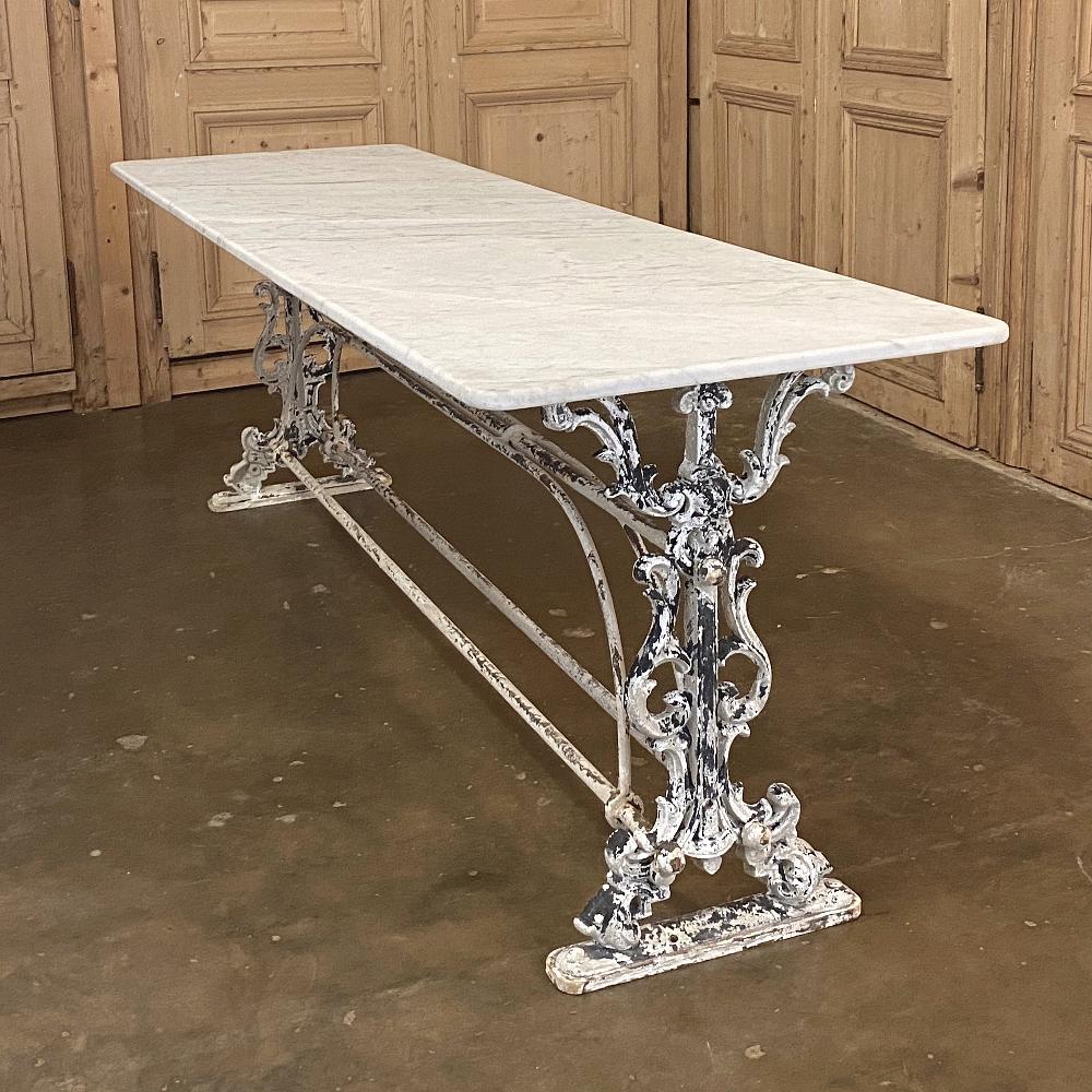 Hand-Crafted 19th Century Painted Iron Sofa Table, Counter with Carrara Marble