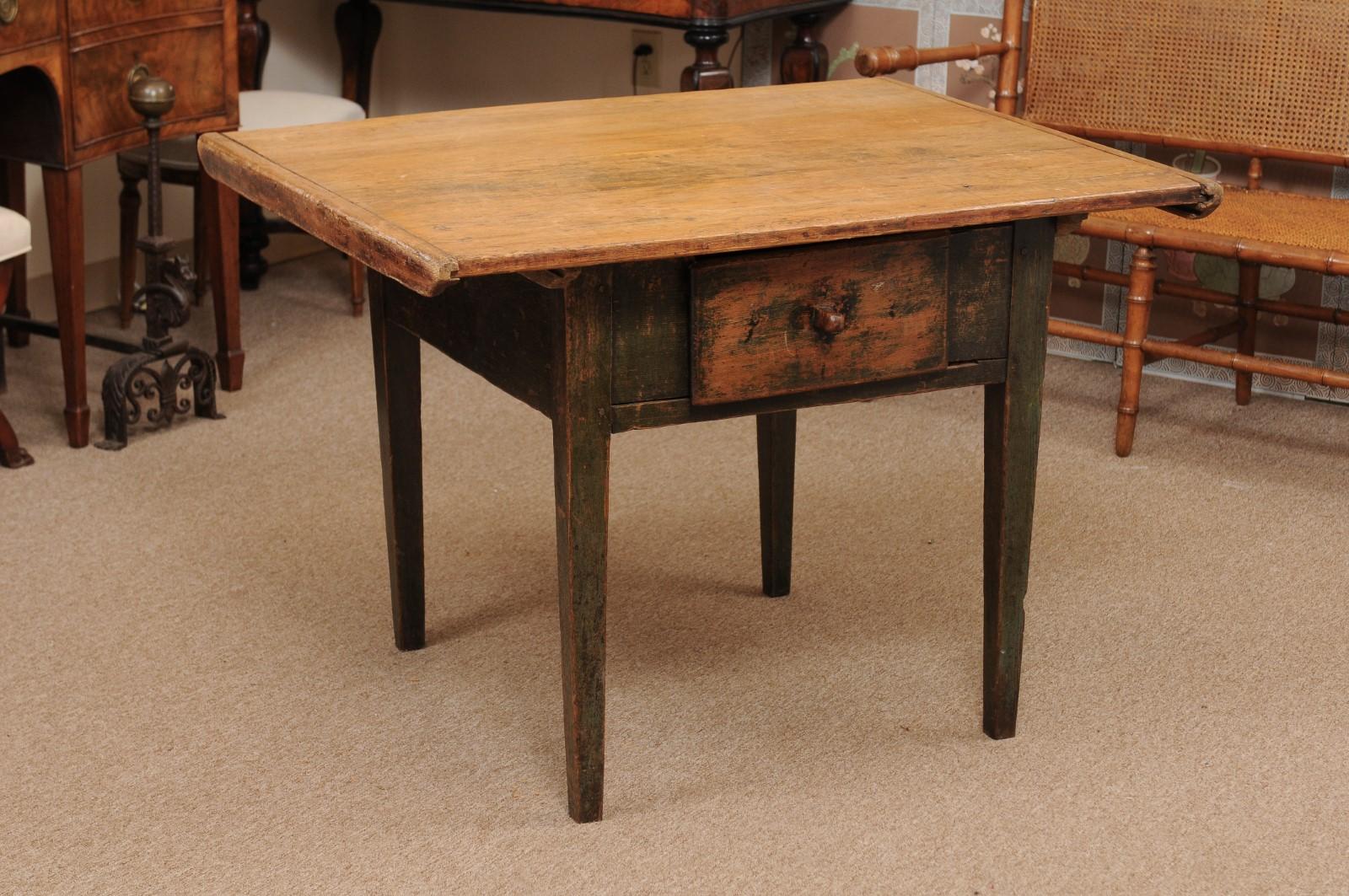 19th century painted kitchen table with 1 deep drawer & tapered legs, Southern Italy.