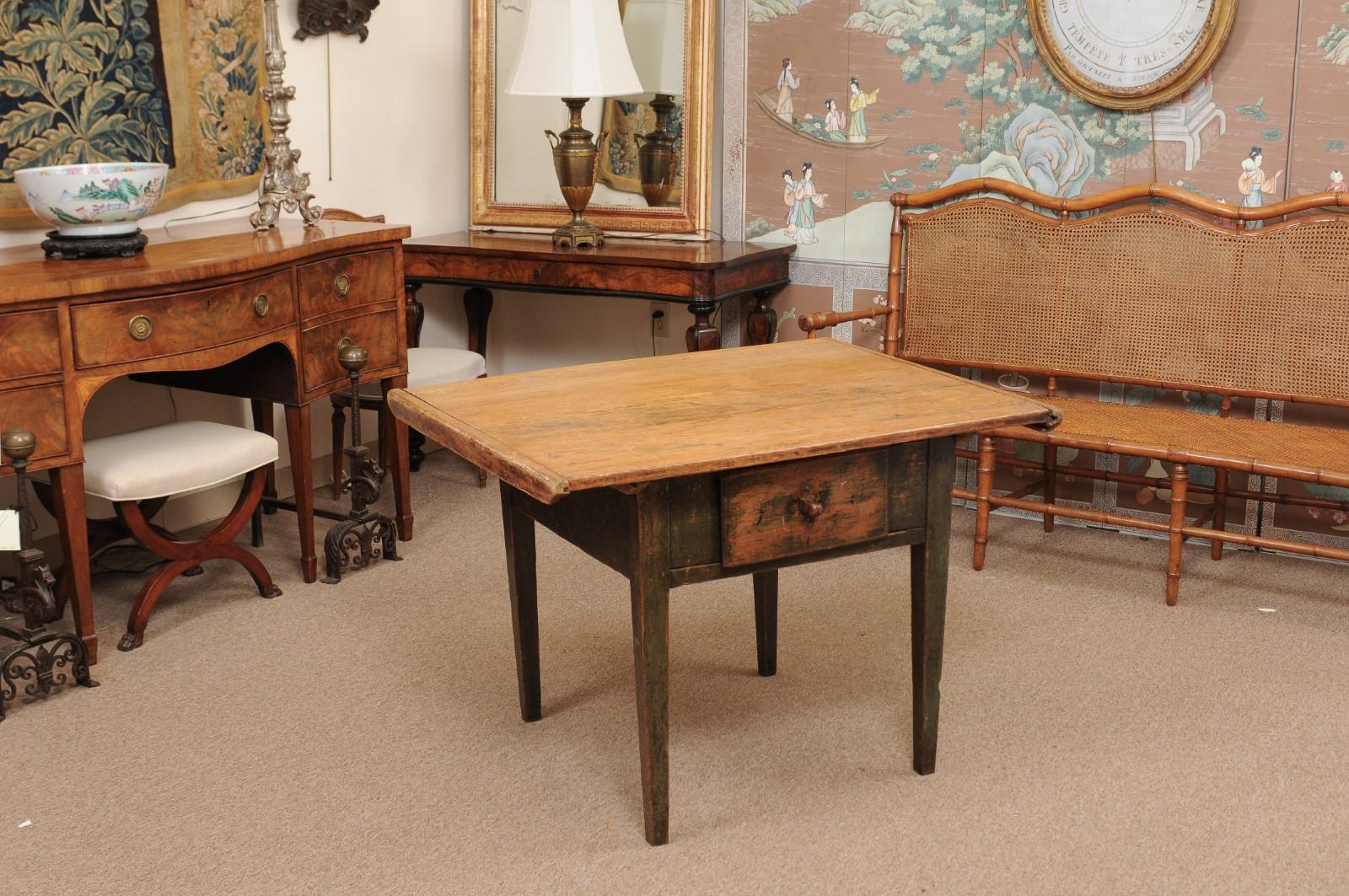 Italian 19th Century Painted Kitchen Table with 1 Deep Drawer & Tapered Legs, Sout For Sale