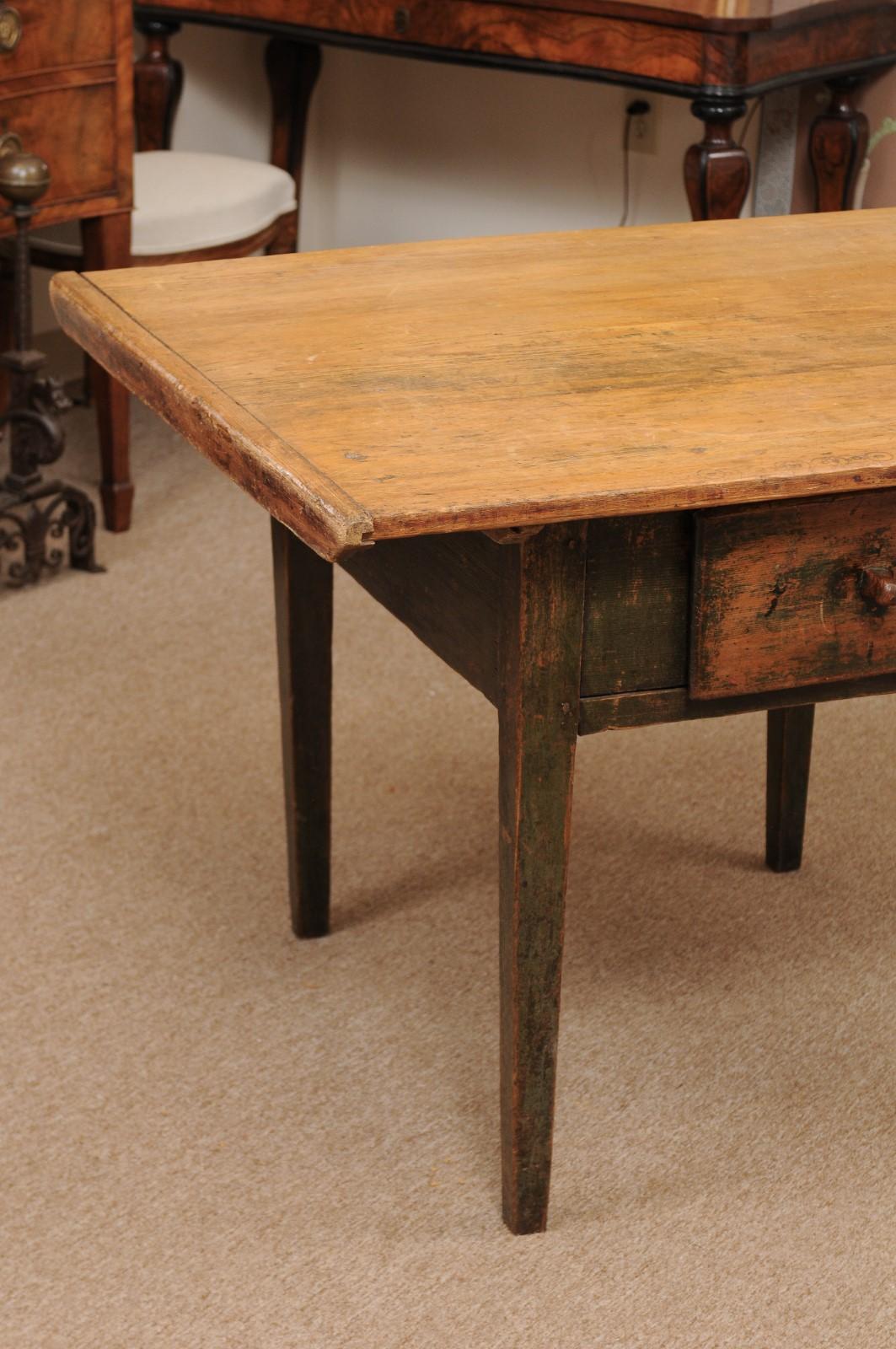 19th Century Painted Kitchen Table with 1 Deep Drawer & Tapered Legs, Sout In Good Condition For Sale In Atlanta, GA