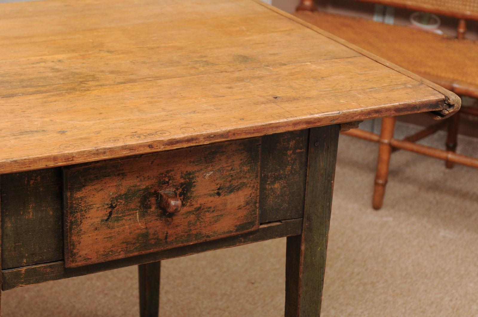 Wood 19th Century Painted Kitchen Table with 1 Deep Drawer & Tapered Legs, Sout For Sale
