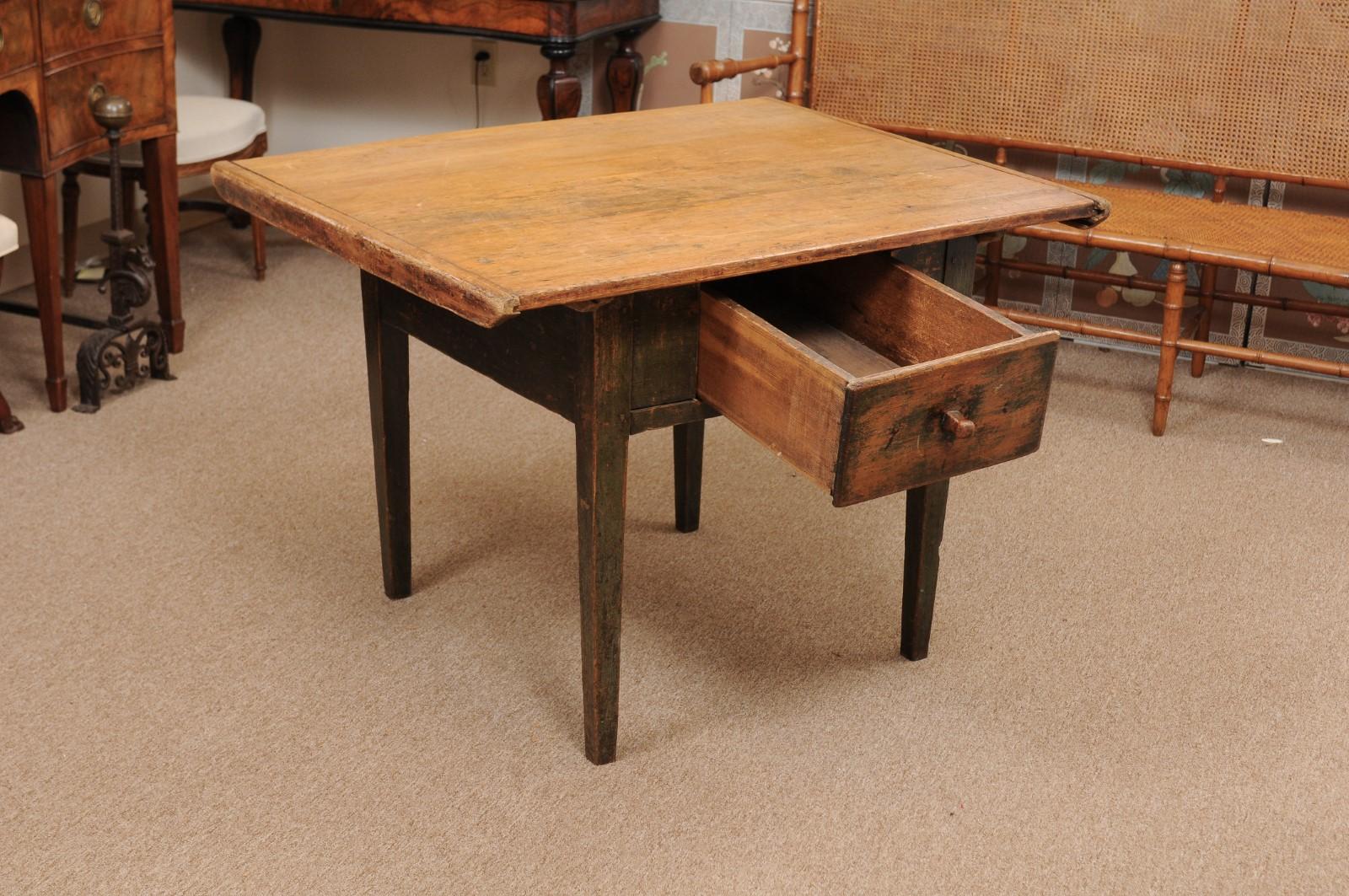 19th Century Painted Kitchen Table with 1 Deep Drawer & Tapered Legs, Sout For Sale 1