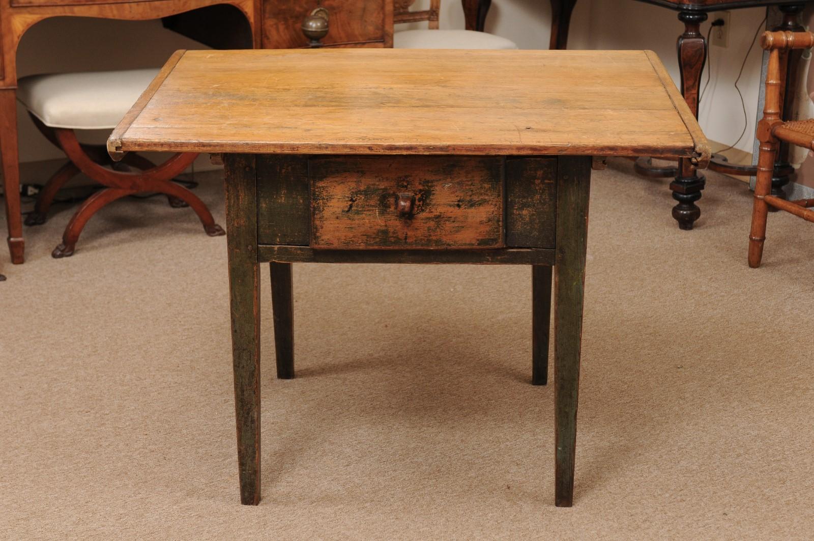 19th Century Painted Kitchen Table with 1 Deep Drawer & Tapered Legs, Sout For Sale 3