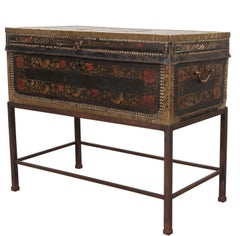 19th Century Painted Leather Chinese Export Trunk on Stand