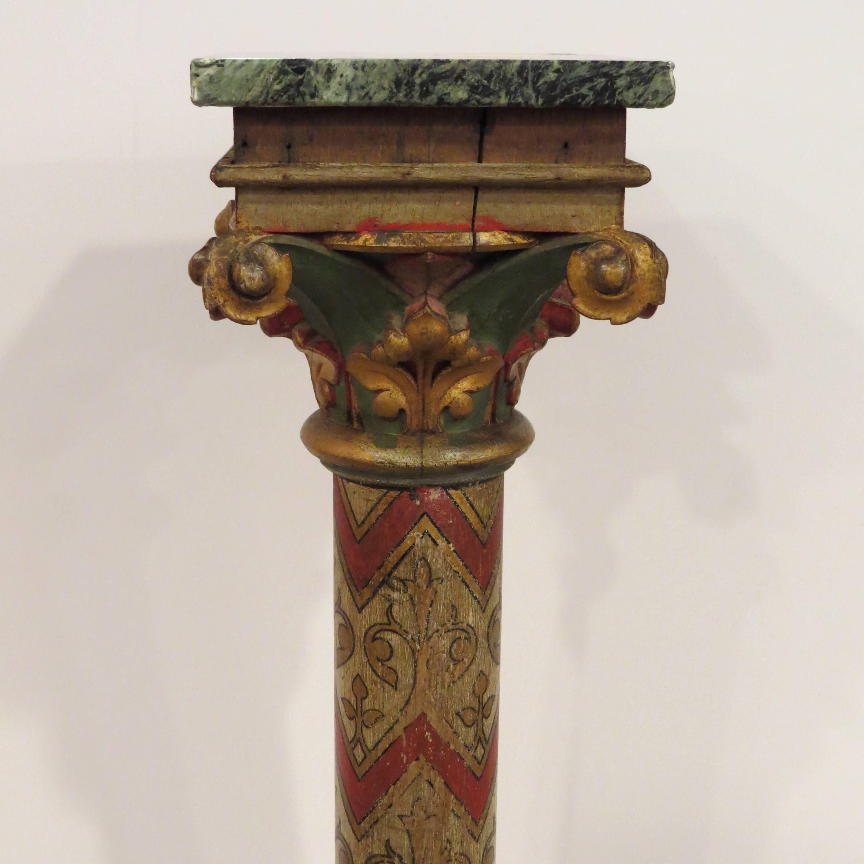 Hand-Crafted 19th Century Painted Pedestal with Green Marble Top For Sale