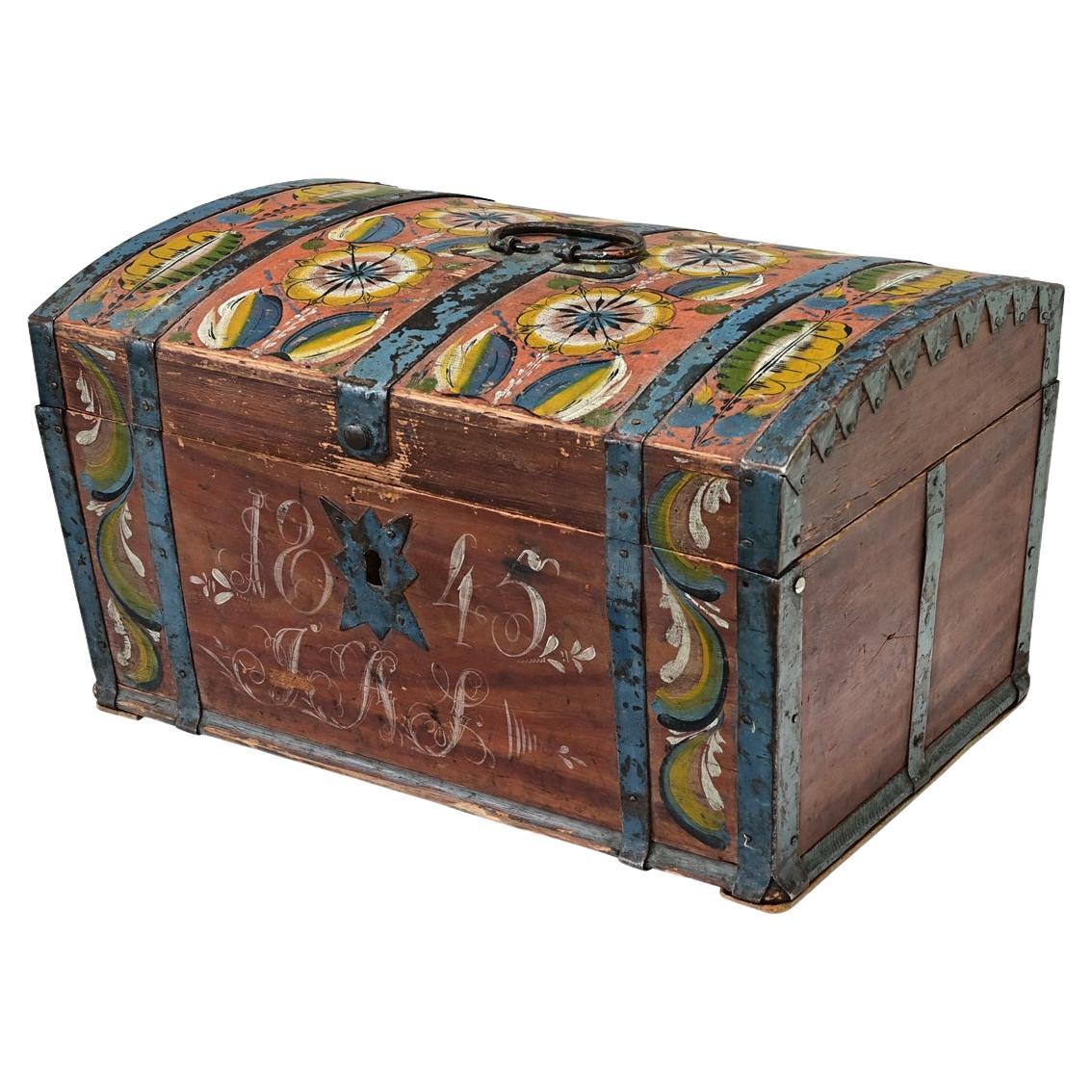 19th Century Painted Pine Marriage Trunk