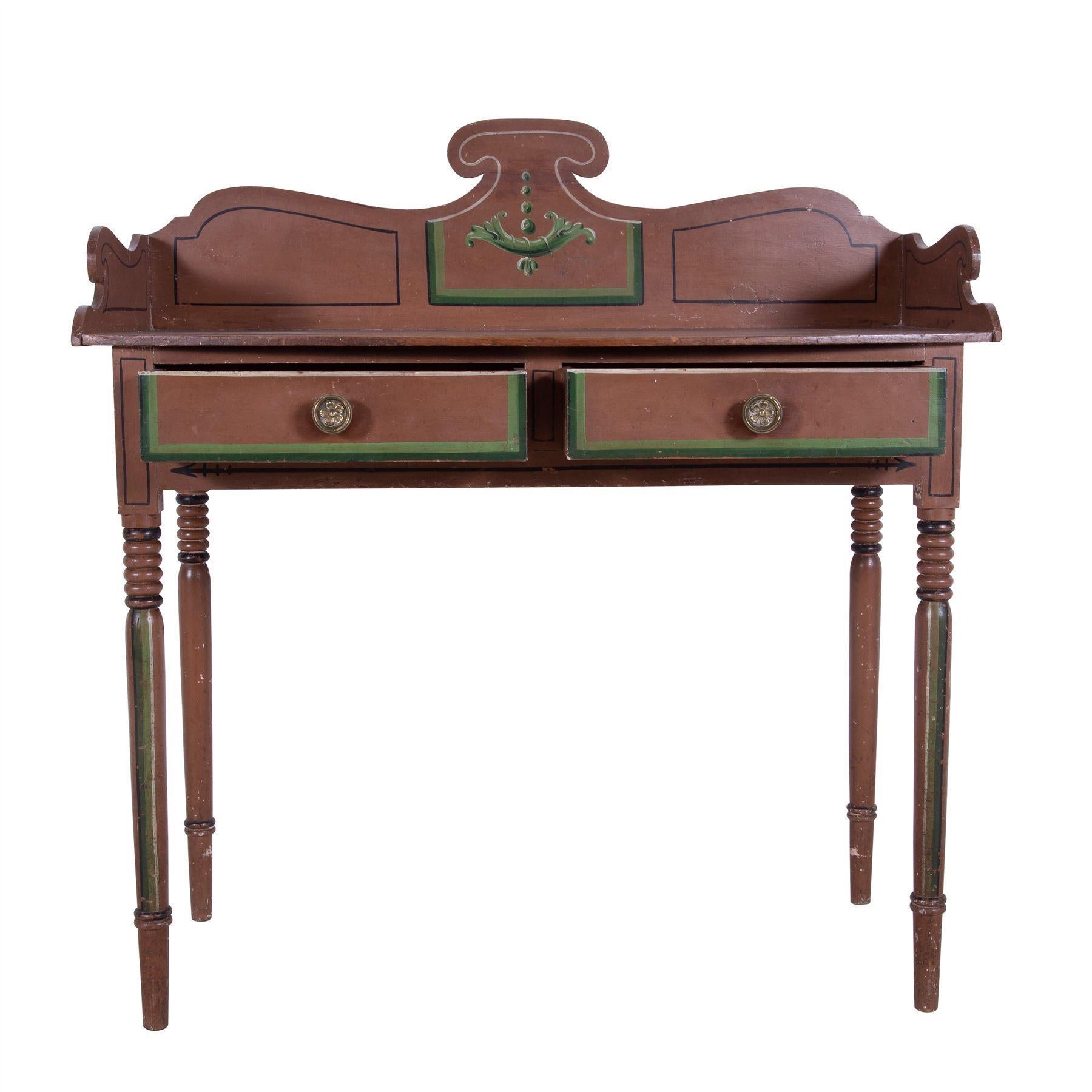 A 19th century painted pine two-drawer side table. 

Table surface H 77cm / leg clearance H 61cm.