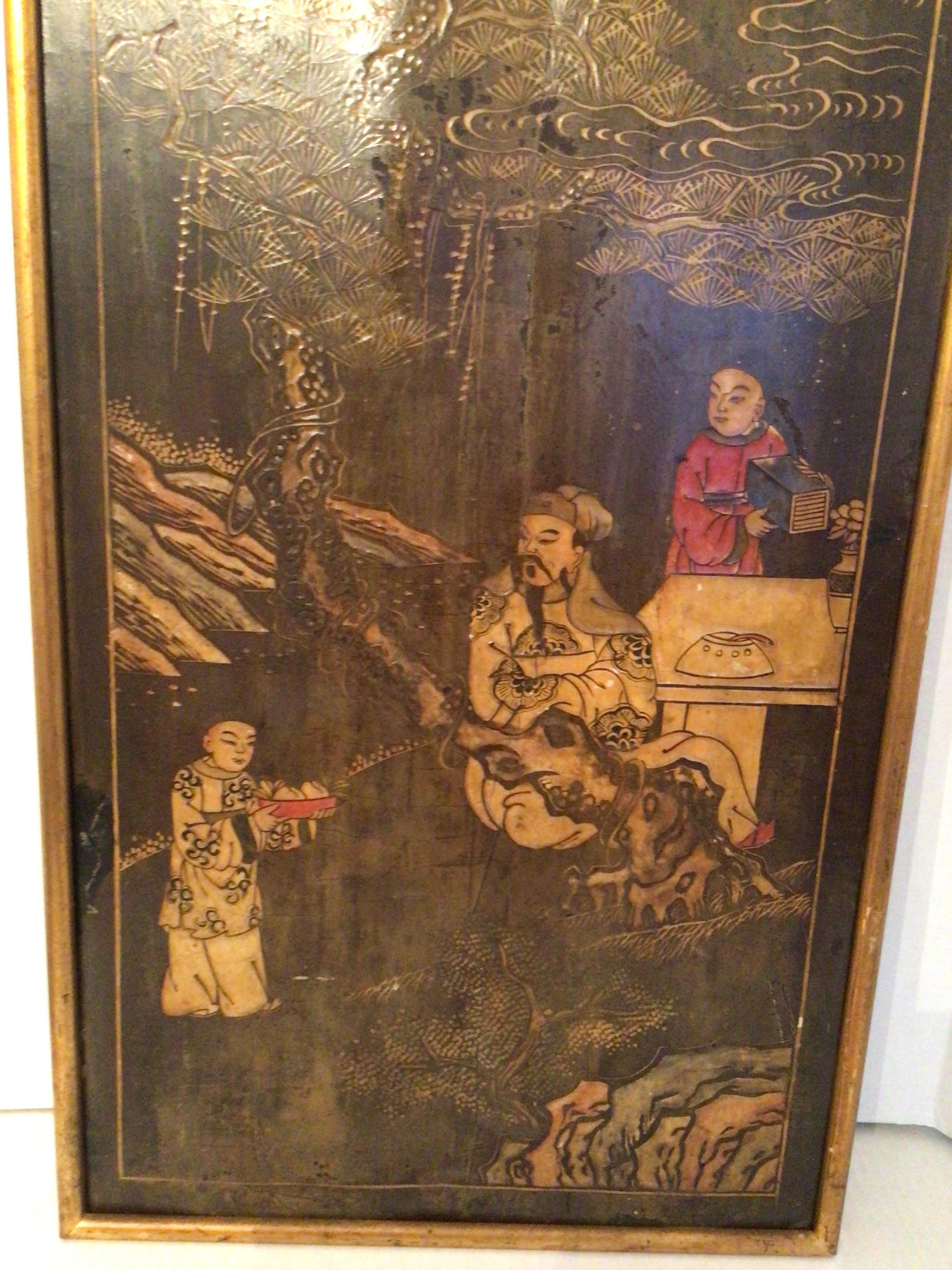 Chinoiseries Plaque peinte du 19e siècle dans un cadre doré en vente