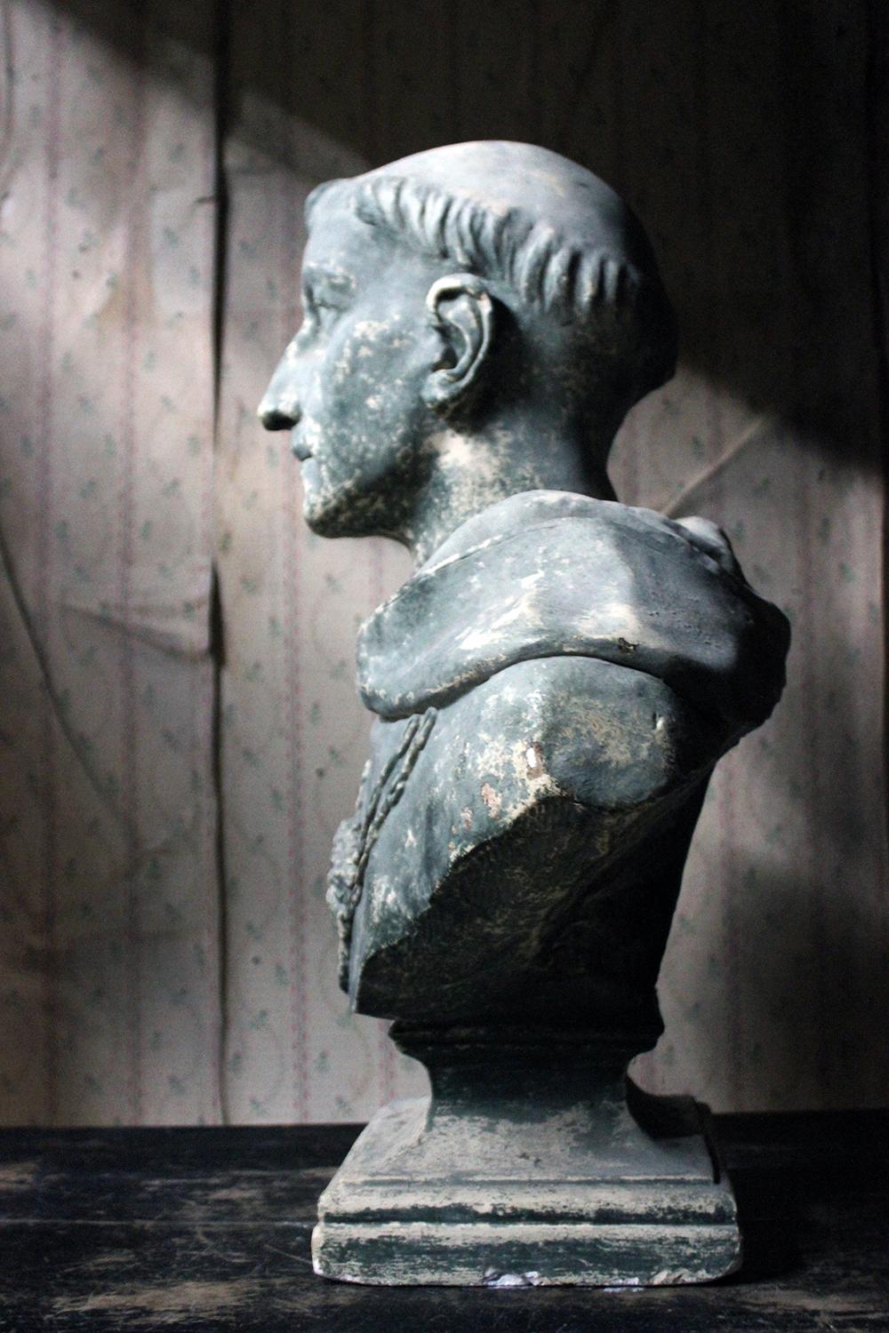 19th Century Painted Plaster Portrait Library Bust of St. Francis of Assisi 7