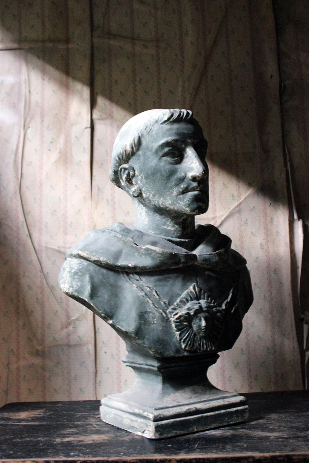 19th Century Painted Plaster Portrait Library Bust of St. Francis of Assisi 12