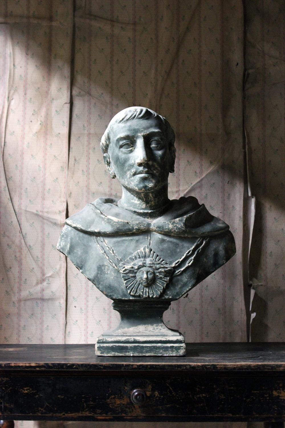 19th Century Painted Plaster Portrait Library Bust of St. Francis of Assisi 13