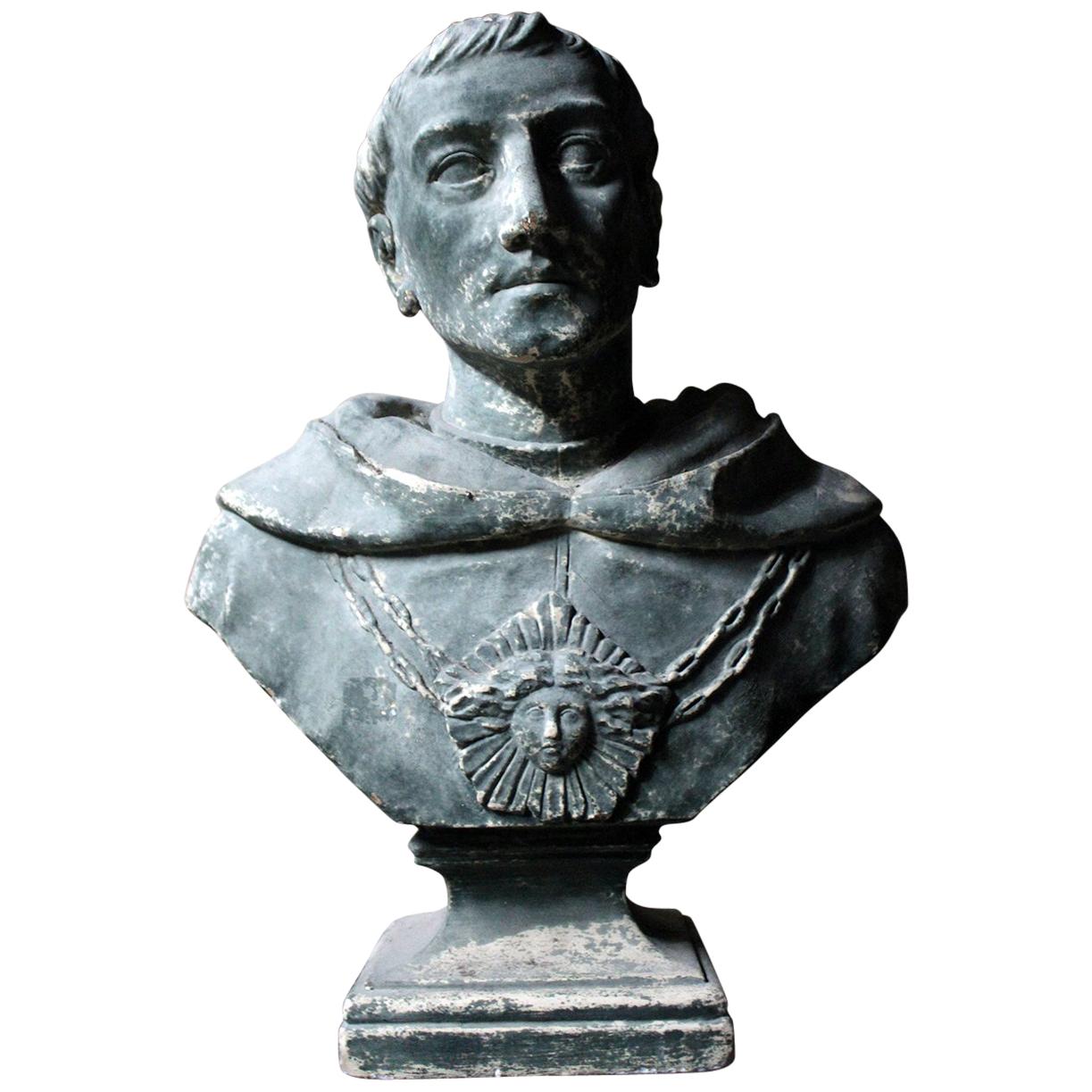 19th Century Painted Plaster Portrait Library Bust of St. Francis of Assisi