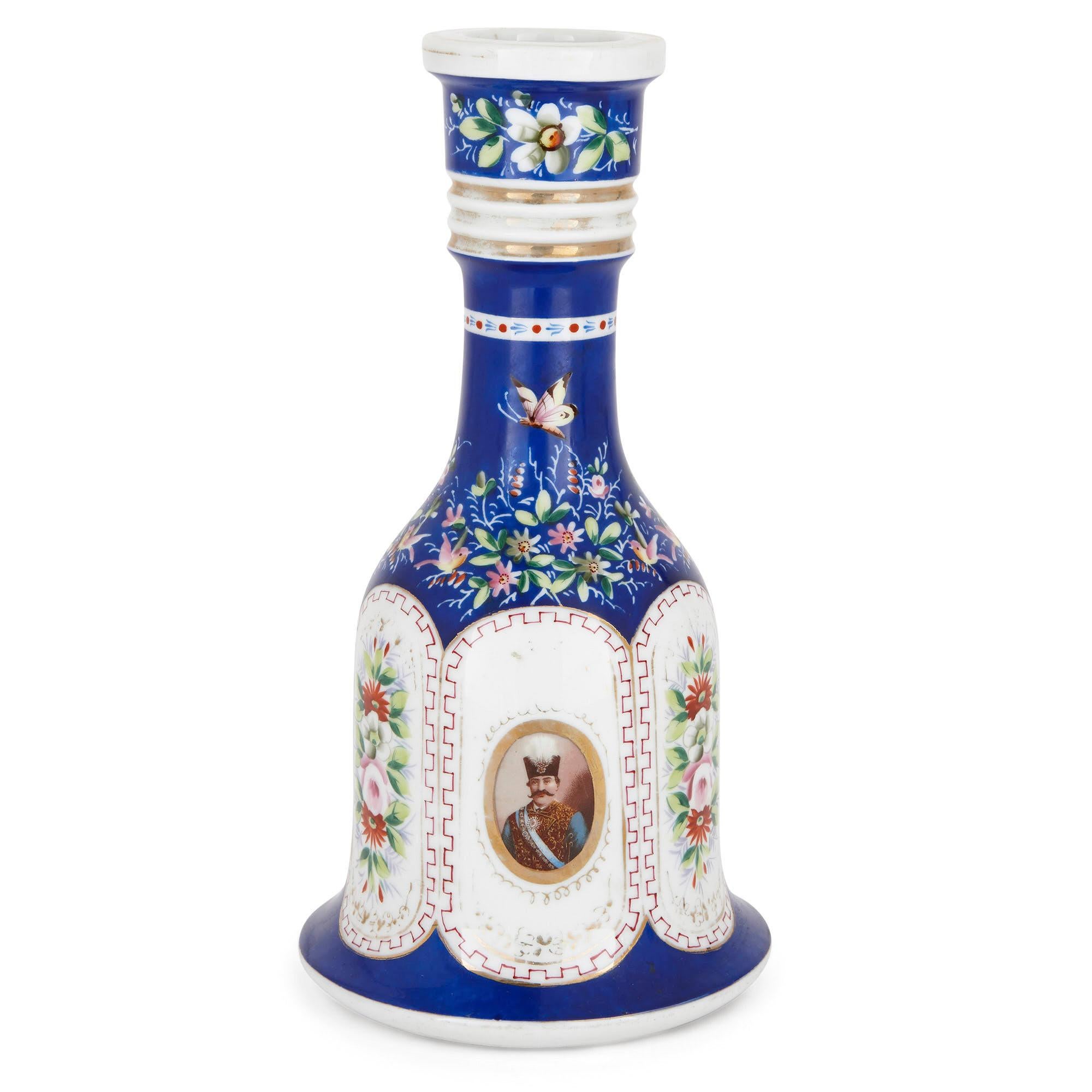 This beautifully crafted and decorated porcelain huqqa (or hookah) base is of Continental, possibly Russian origin. It was created in the late 19th century for the Persian market. 

The huqqa base features a bell-shaped body and a waisted neck