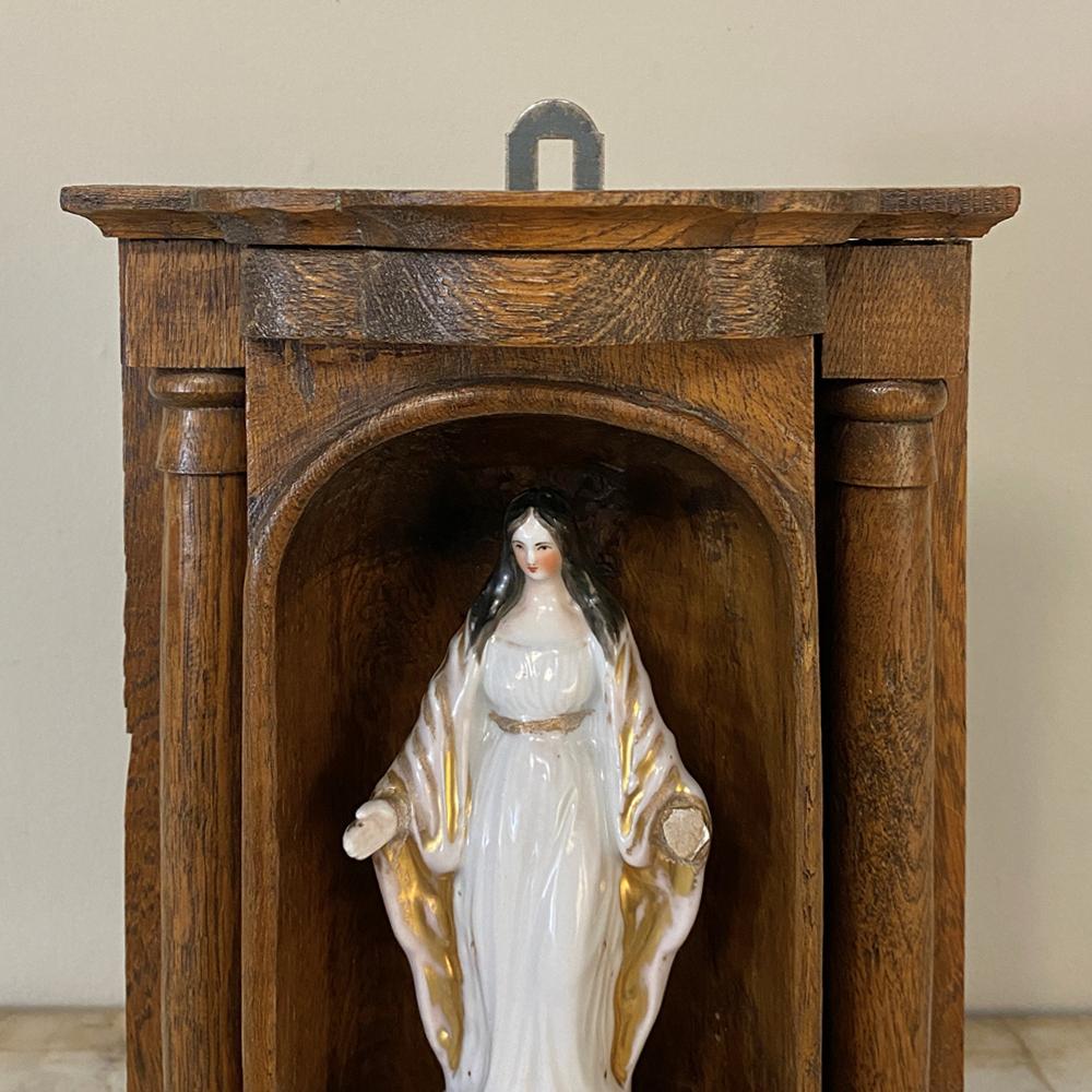 19th Century Painted Porcelain Madonna in Original Handcrafted Oak Shrine For Sale 3