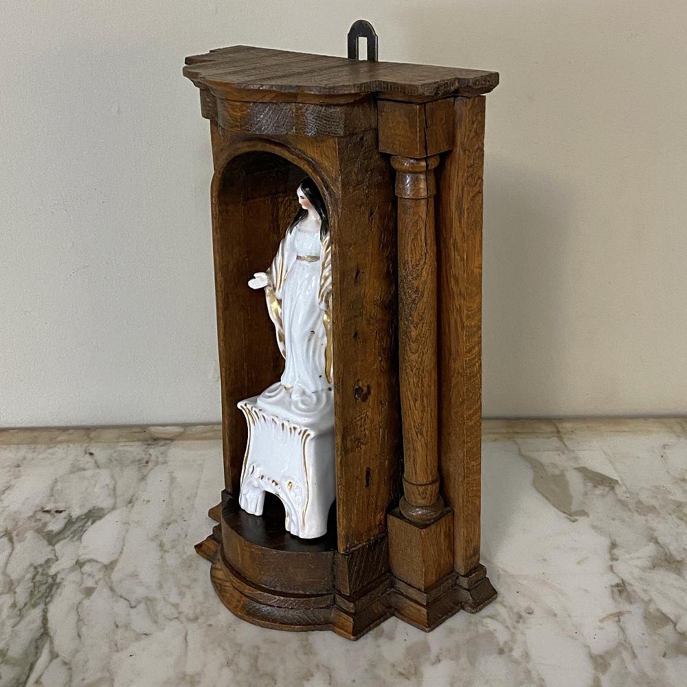 Neoclassical Revival 19th Century Painted Porcelain Madonna in Original Handcrafted Oak Shrine For Sale