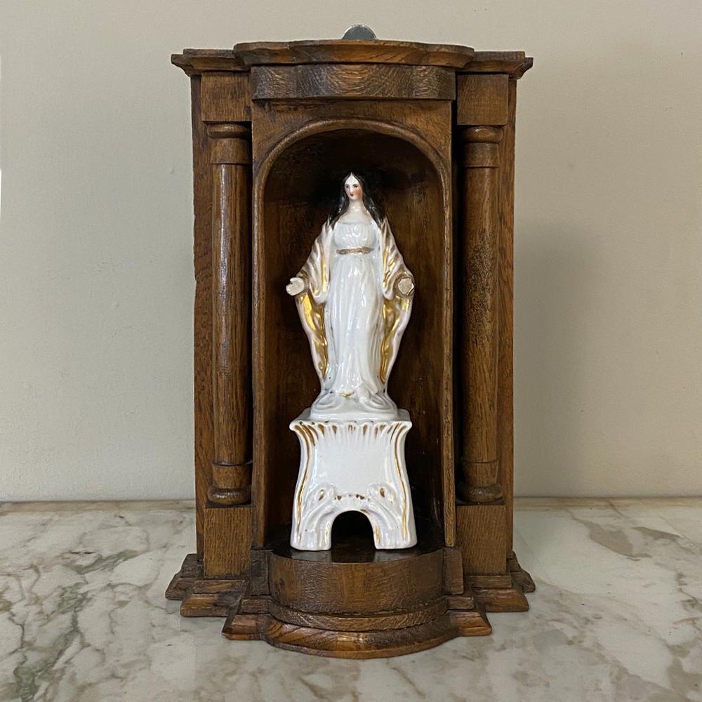 French 19th Century Painted Porcelain Madonna in Original Handcrafted Oak Shrine For Sale