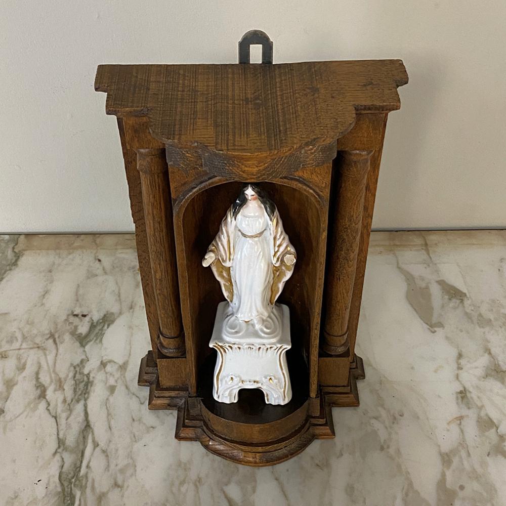 Hand-Crafted 19th Century Painted Porcelain Madonna in Original Handcrafted Oak Shrine For Sale