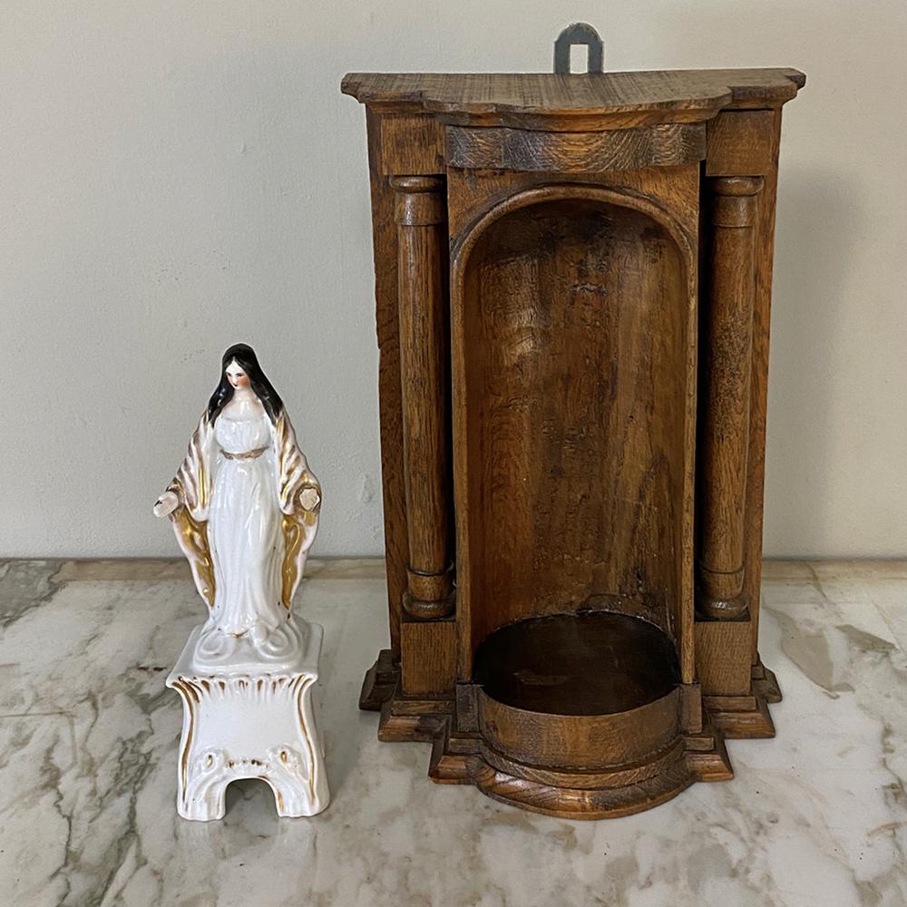 19th Century Painted Porcelain Madonna in Original Handcrafted Oak Shrine In Good Condition For Sale In Dallas, TX