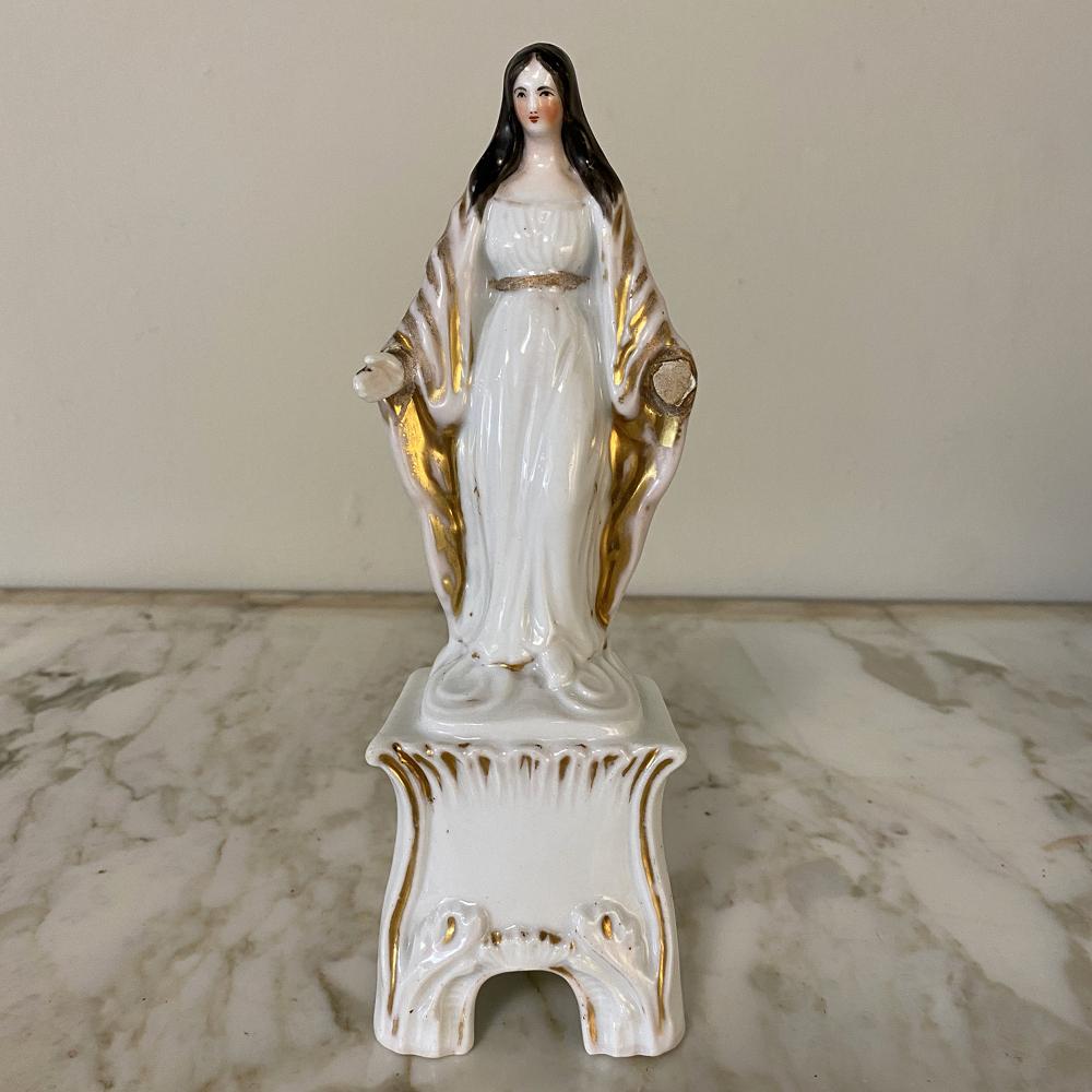 Late 19th Century 19th Century Painted Porcelain Madonna in Original Handcrafted Oak Shrine For Sale