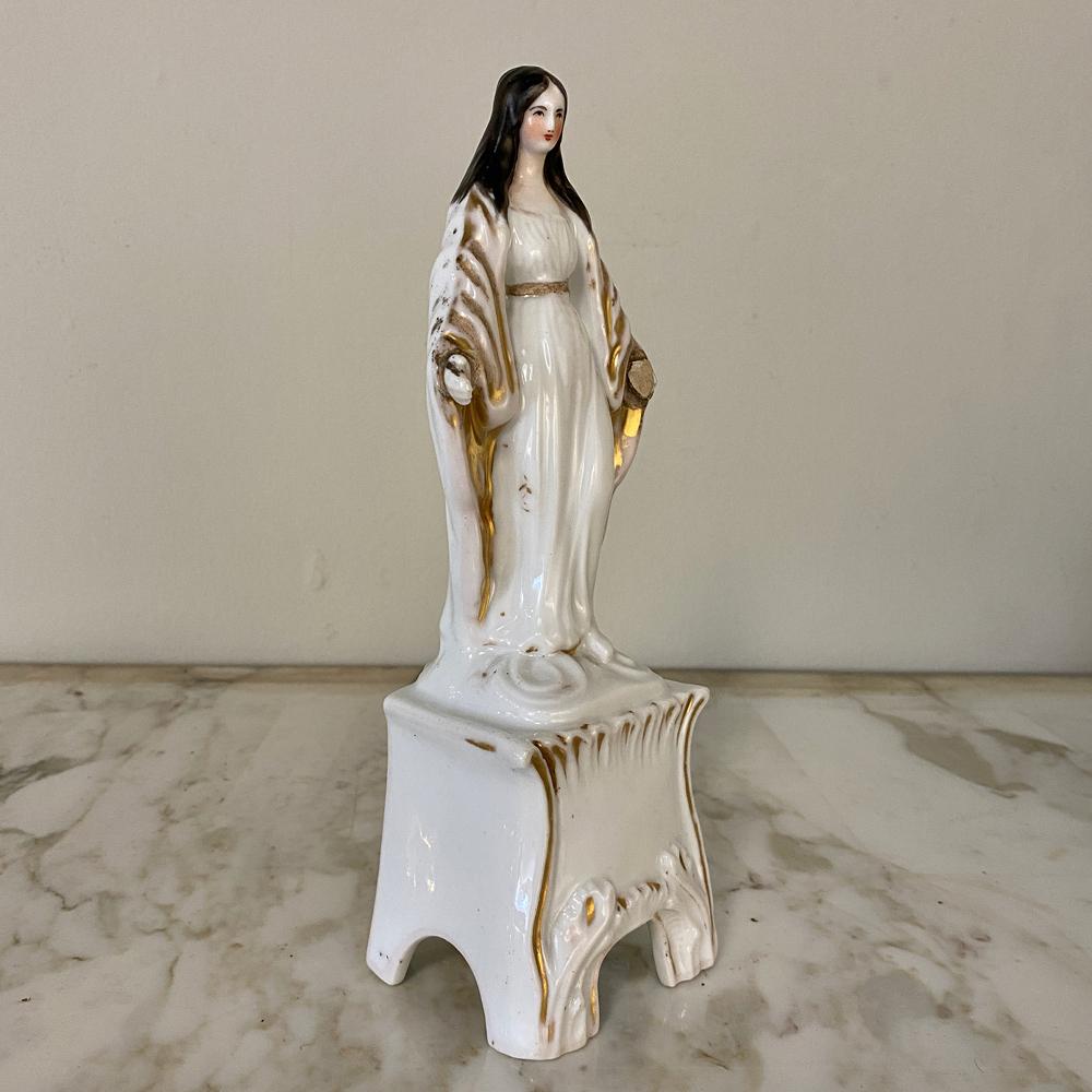 19th Century Painted Porcelain Madonna in Original Handcrafted Oak Shrine For Sale 1