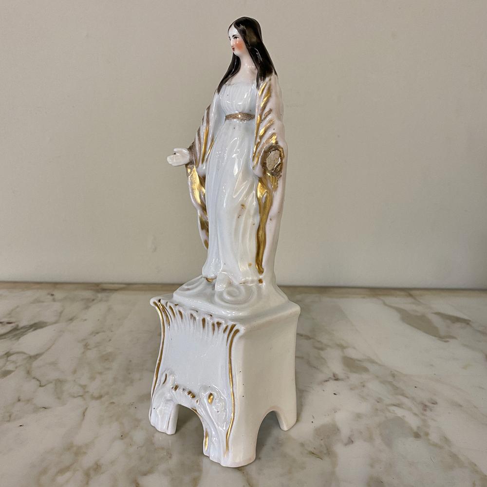 19th Century Painted Porcelain Madonna in Original Handcrafted Oak Shrine For Sale 2