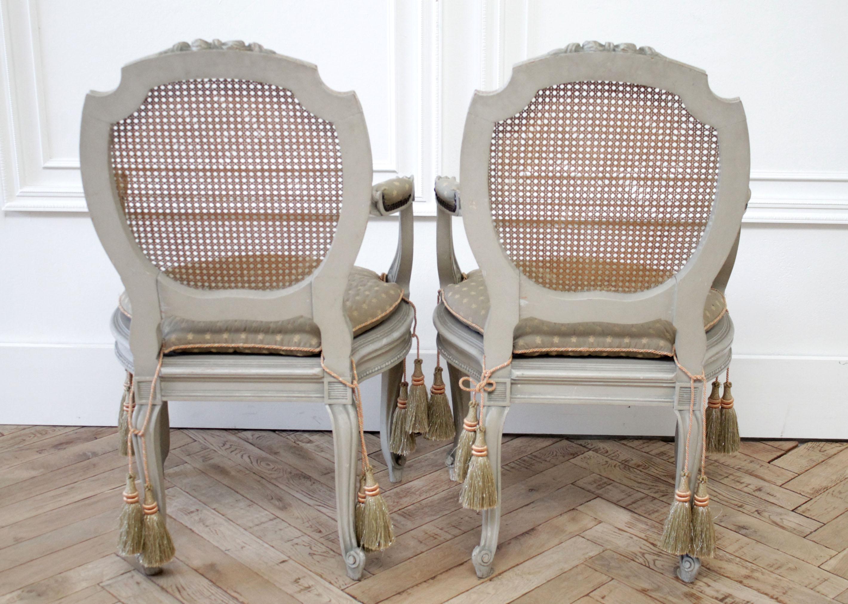 19th Century Painted Sheild Back Ribbon Carved Cane Open Armchairs For Sale 5