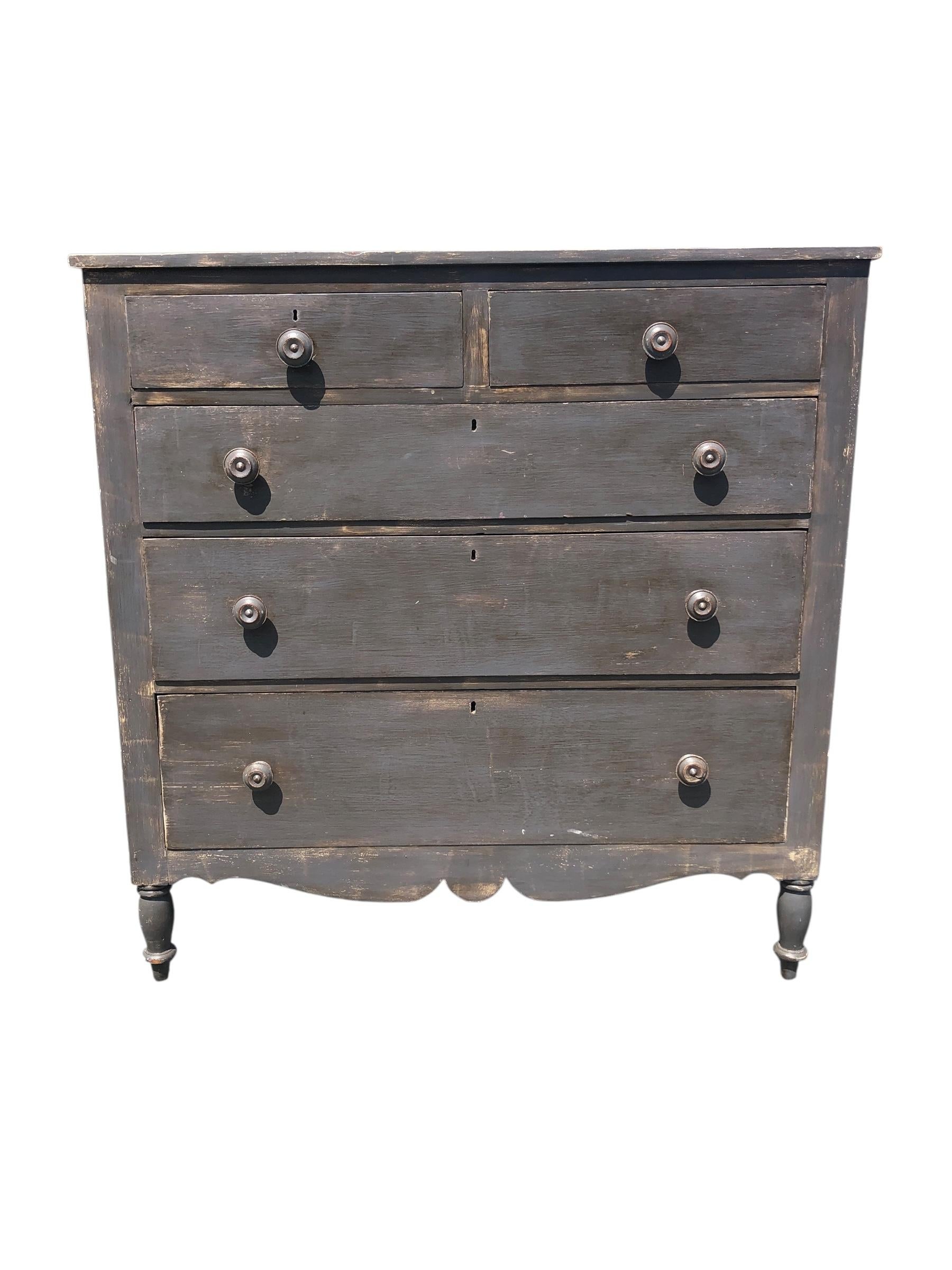 19th Century Painted Sheraton Chest. In a gorgeous grey paint with a hint of blue. Chest has a wonderful patina with nice wear on surfaces where the wear should be. Missing a few locks. The top right drawer features a clever latch that keeps the
