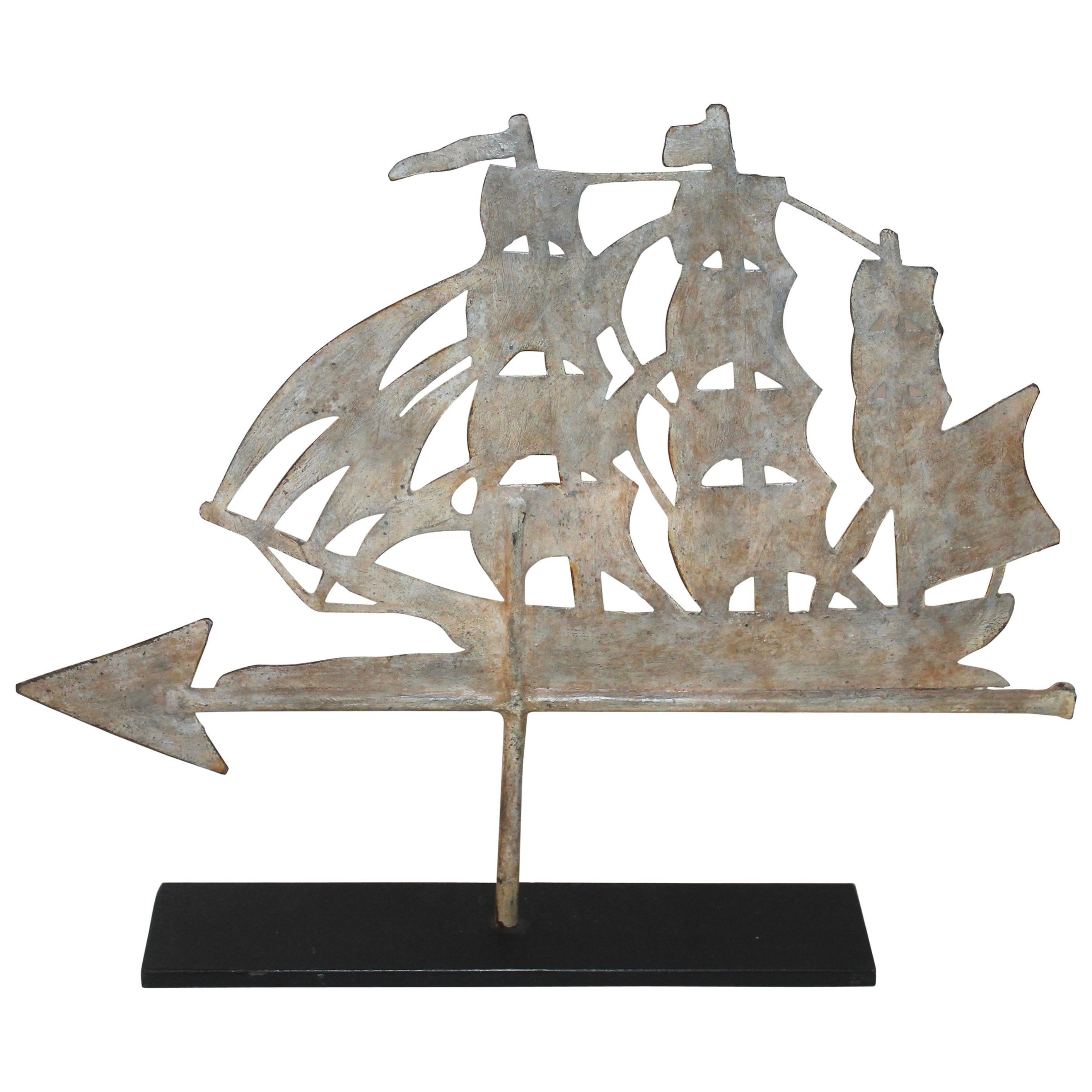 19th Century Painted Ship Weather Vane on Iron Stand