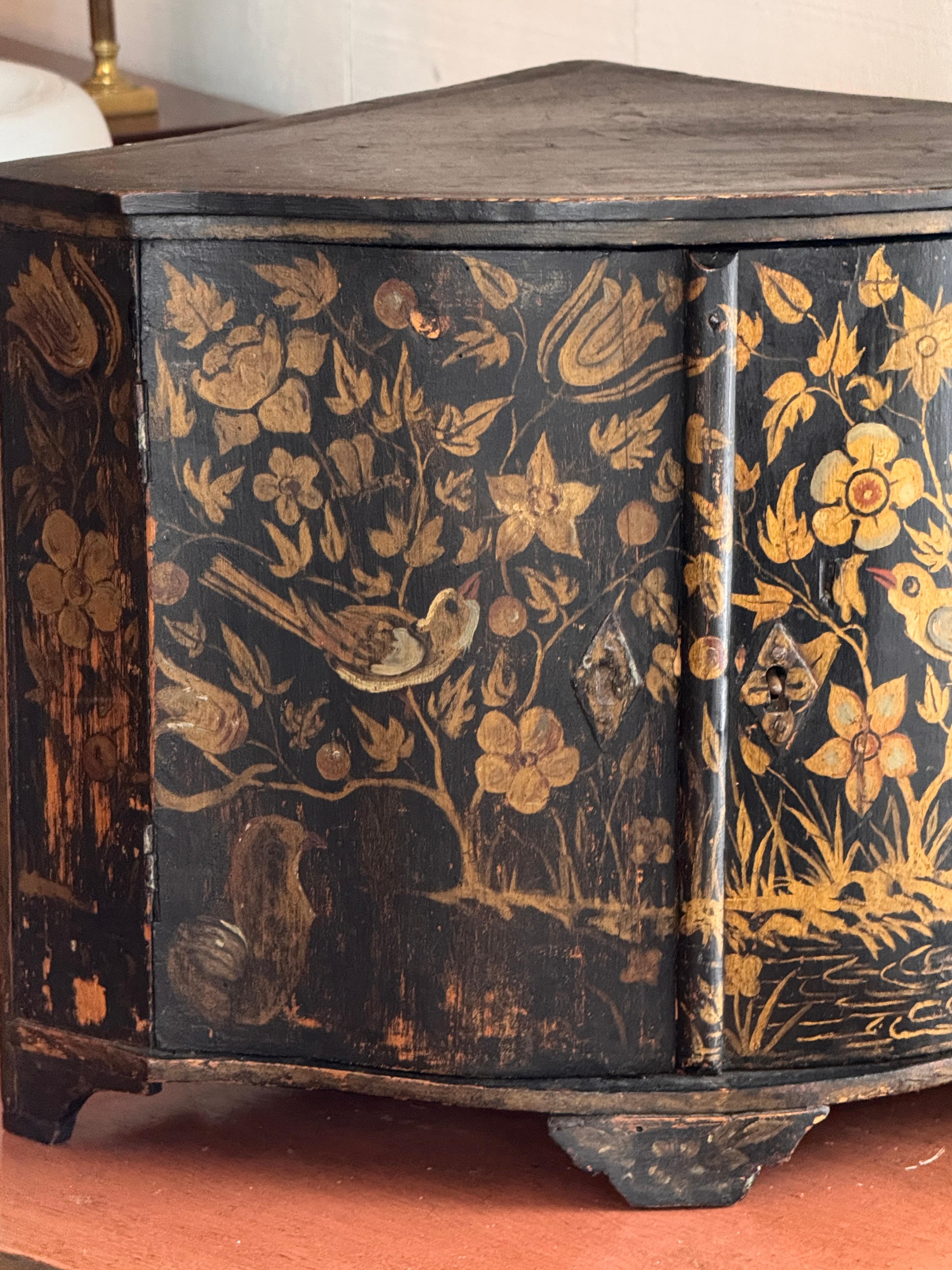 English 19th Century Painted Small Corner Cabinet With Floral and Bird Decoration For Sale