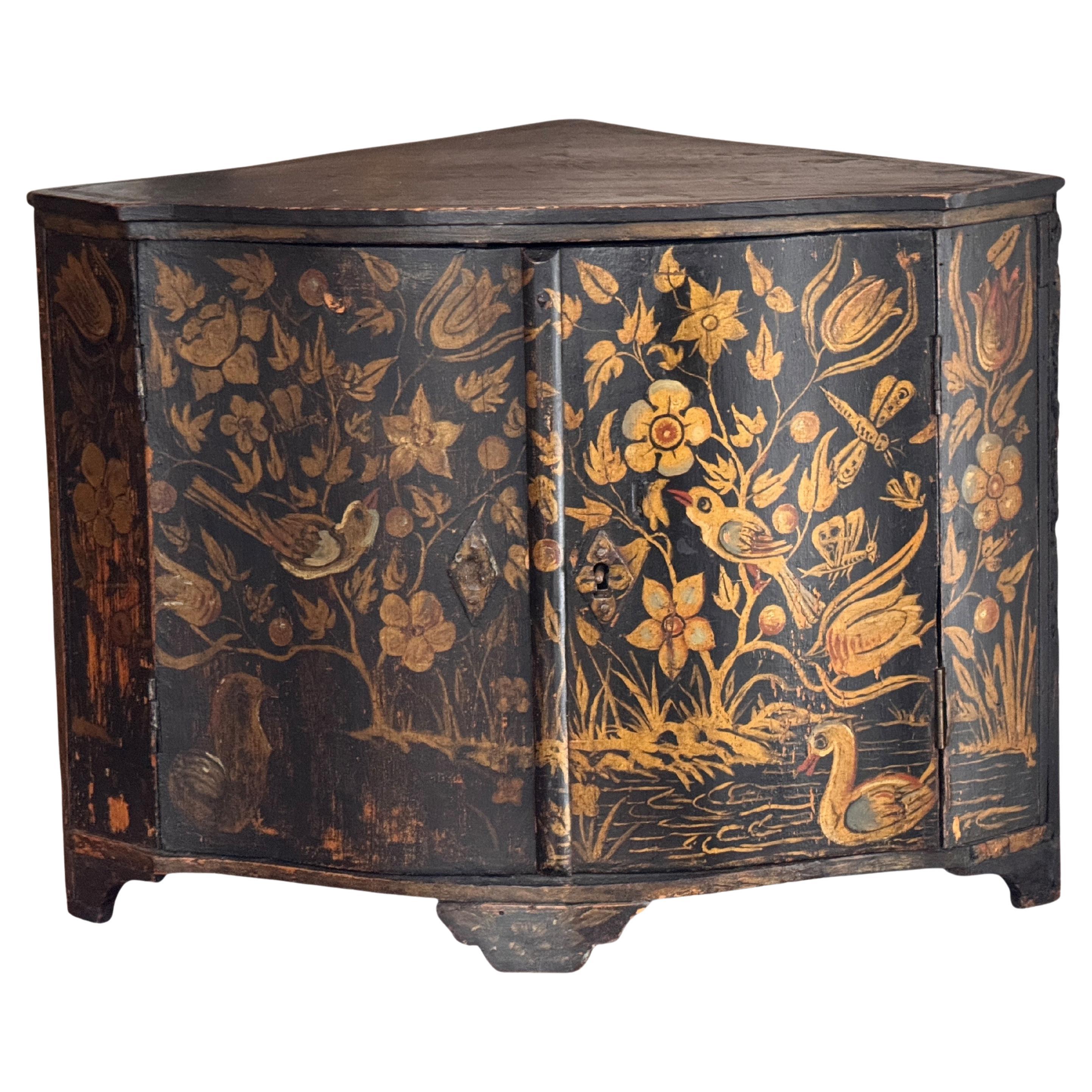 19th Century Painted Small Corner Cabinet With Floral and Bird Decoration For Sale