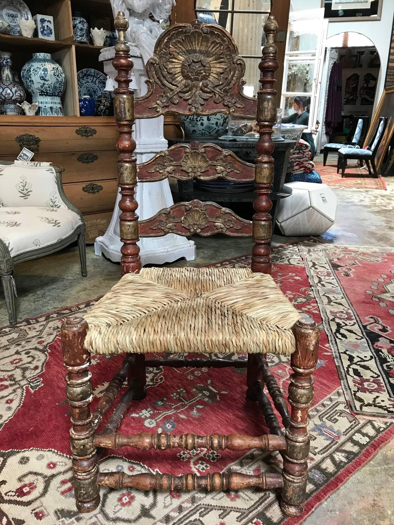 These Classic beauties are 19th century painted Spanish Baroque side chairs with rush seats. They have minor losses consistent with age and use. Not the most structurally sound pieces but they are in original, un-restored country house condition.