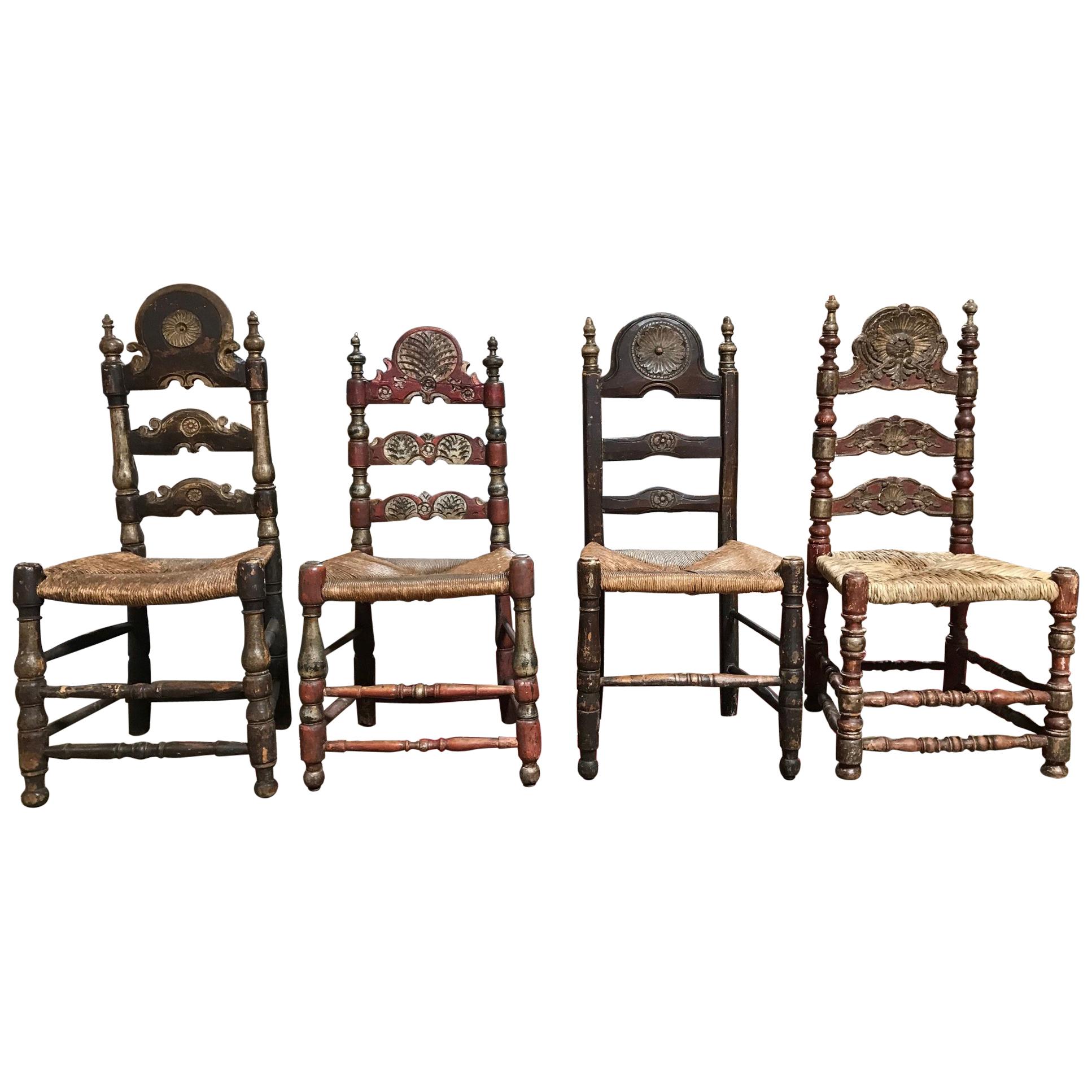 19th Century Painted Spanish Baroque Side Chairs, Set of Four