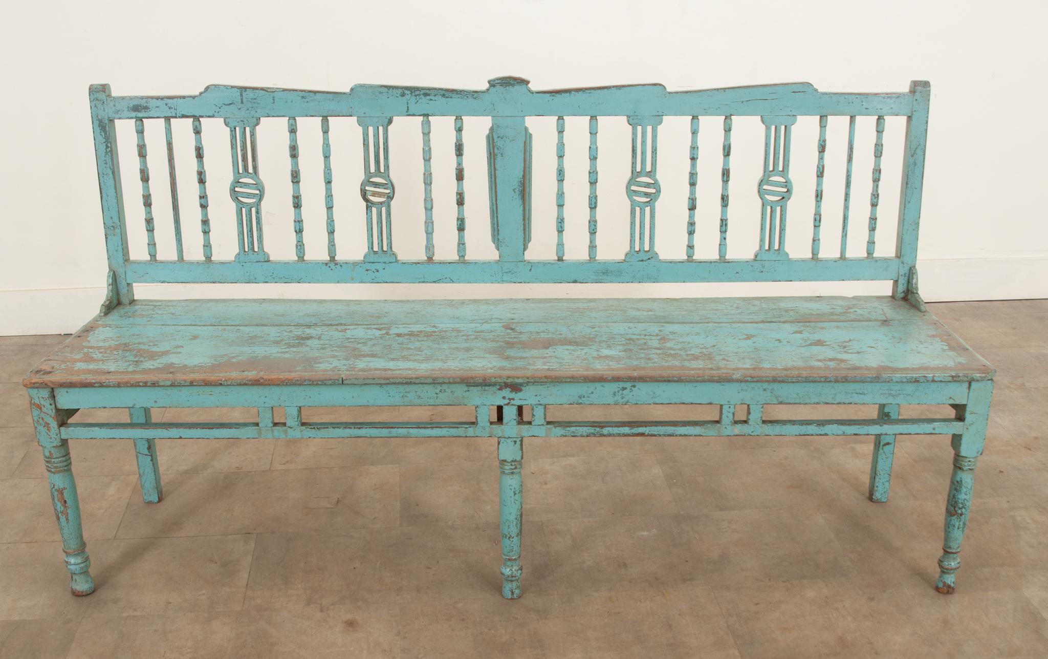 Hand-Crafted 19th Century Painted Spindle Back Bench