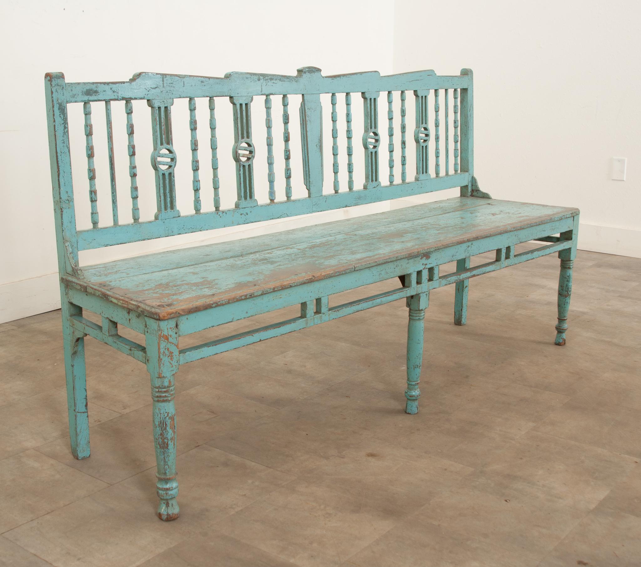 19th Century Painted Spindle Back Bench In Good Condition In Baton Rouge, LA