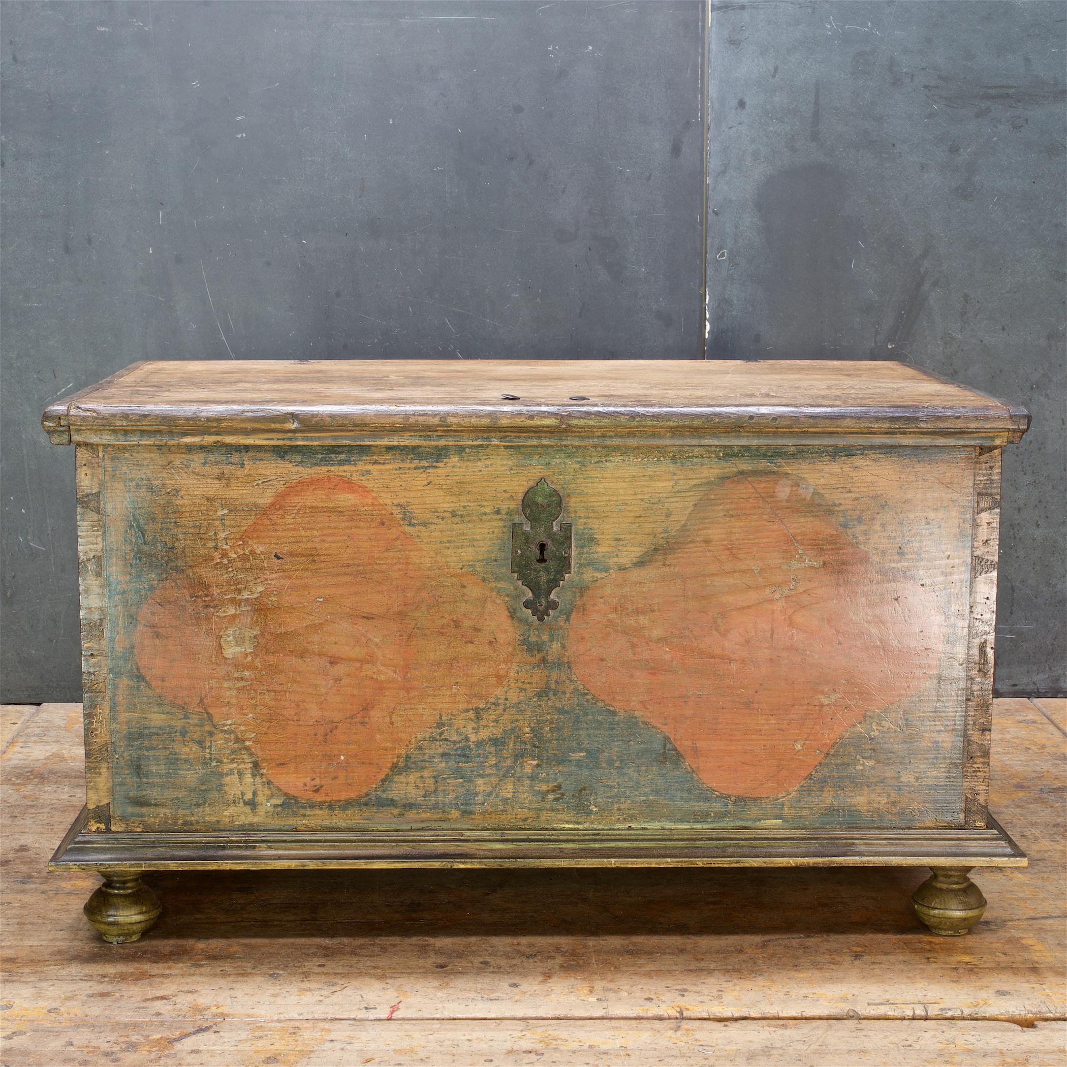 Very old Scandinavian trunk, late 1700s-early 1800s with some faint hand painted decorations still visible. Waxed and polished. From a Norwegian and then Kenya State Department Official's Estate in Bethesda MD. 