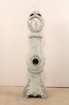 Swedish 19th C. Painted Long Case Floor Clock w/ Lovely Accent Foliage Carvings