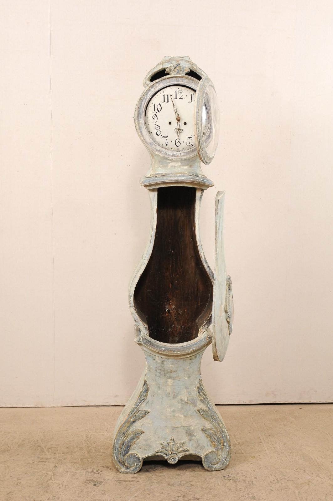 Carved Swedish 19th C. Painted Long Case Floor Clock w/ Lovely Accent Foliage Carvings