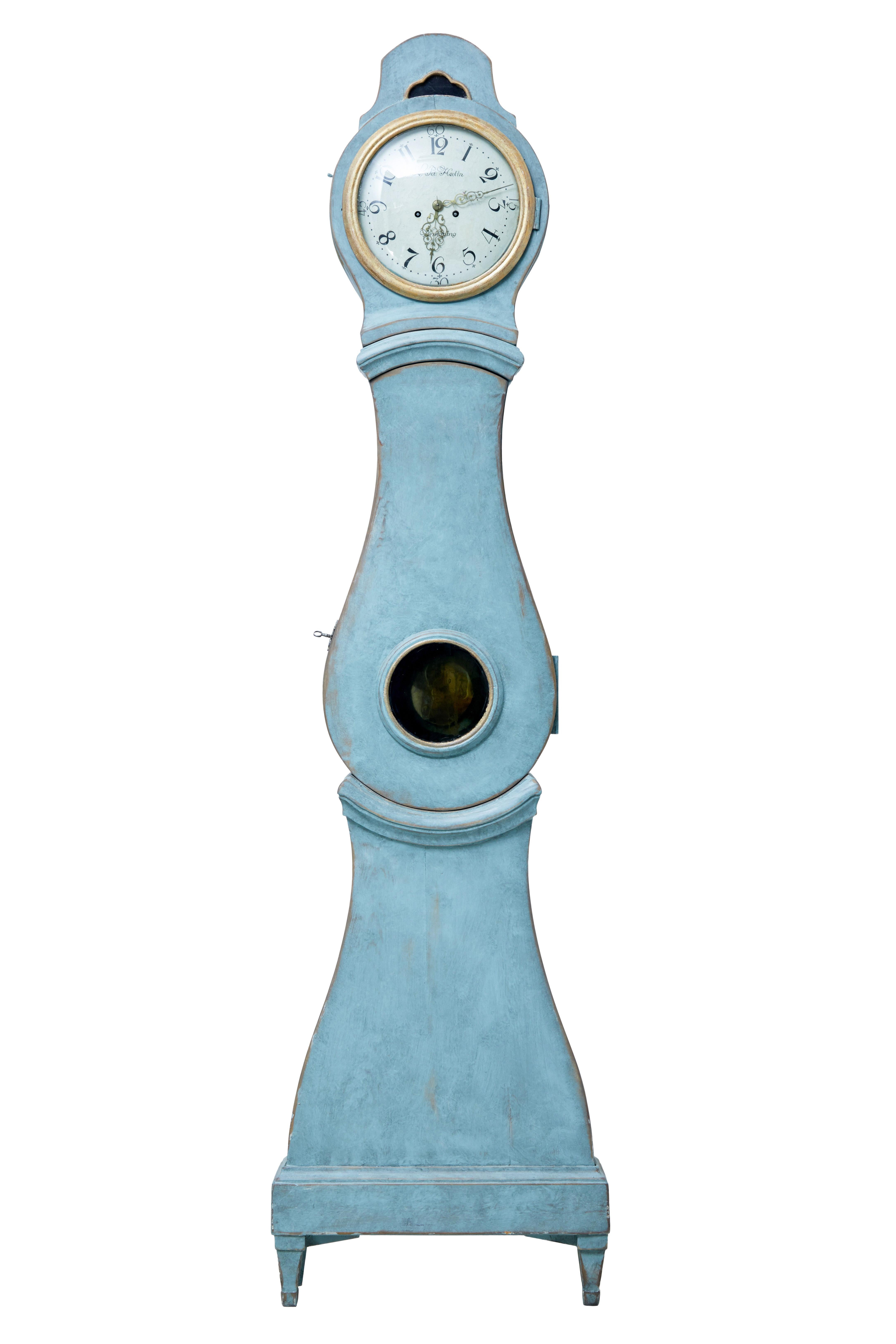 Beautiful Swedish Mora clock of large proportions, circa 1850.

Original enamel clock face with Arabic numerals, signed with makers mark and from the location of Jonkoping in Sweden.

Later painted in traditional colors with gold detailing to