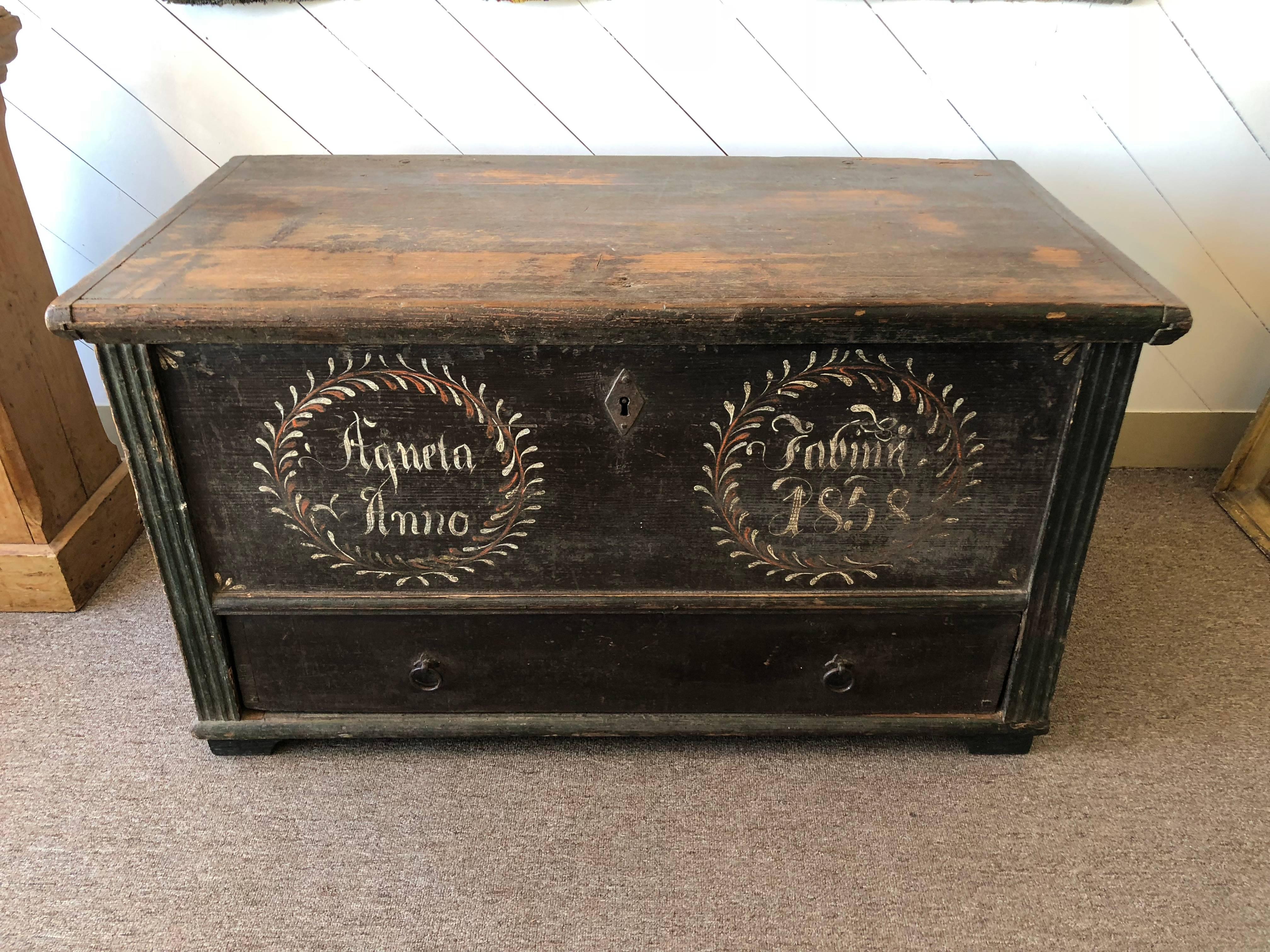 Tall 19th century Swedish Gustavian painted marriage chest. Open lid with compartment above pull-out drawer. 

This item can be utilized as a console, center table, or hall table. 

Provenance: 
East Hampton, NY Estate