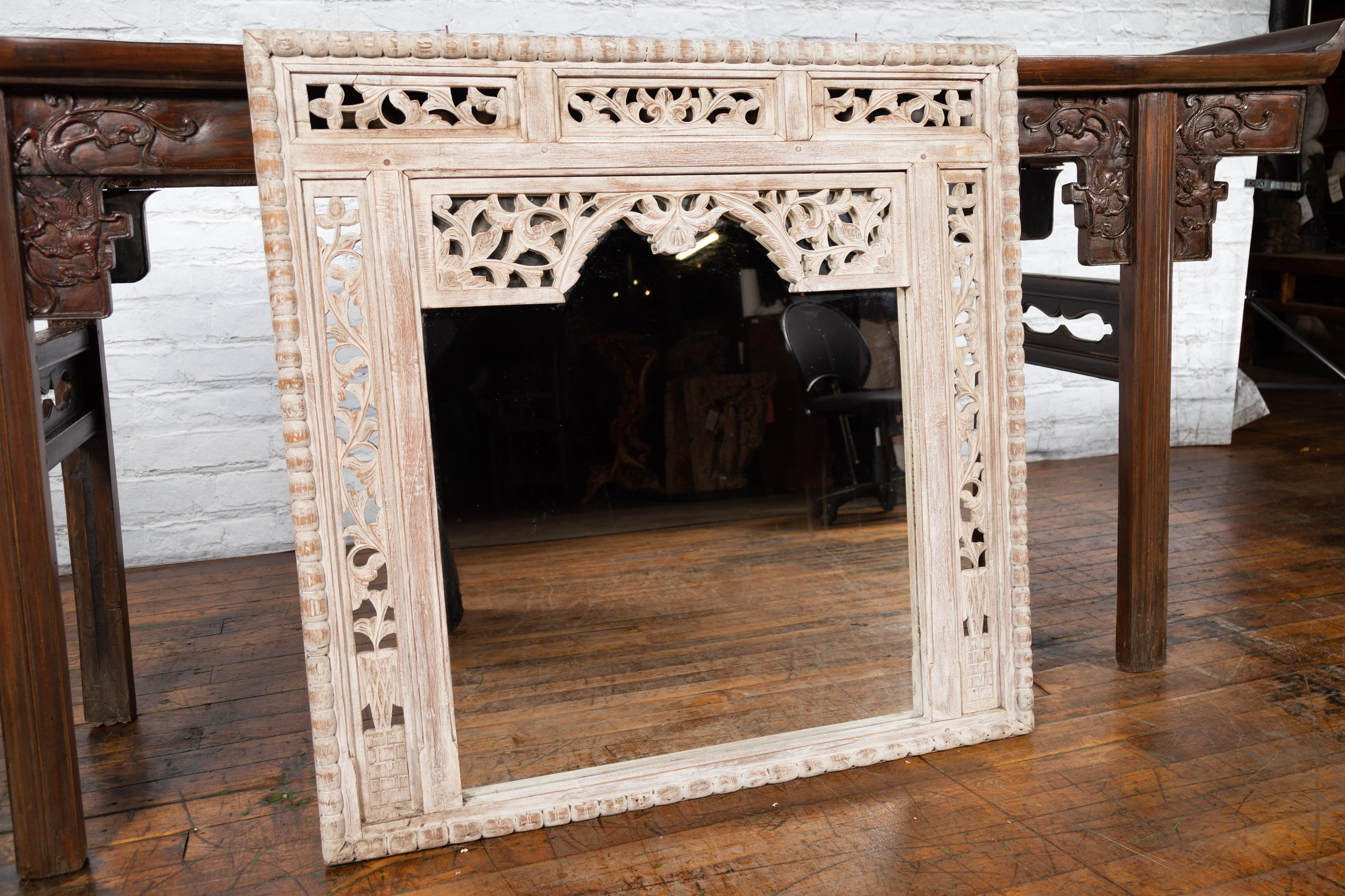 19th Century Painted Thai Mirror with Hand-Carved Scrolling Floral Décor For Sale 11