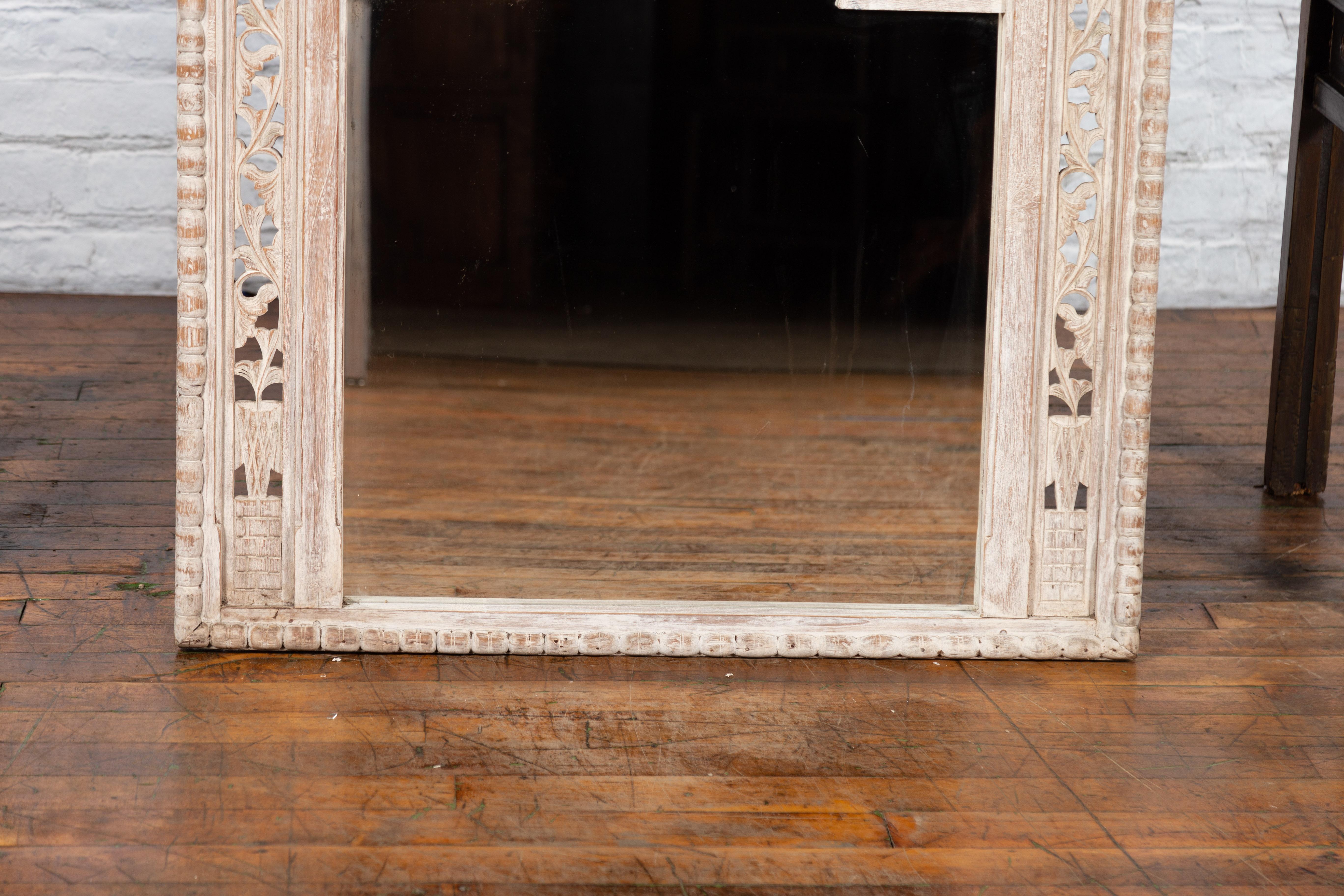 19th Century Painted Thai Mirror with Hand-Carved Scrolling Floral Décor For Sale 2