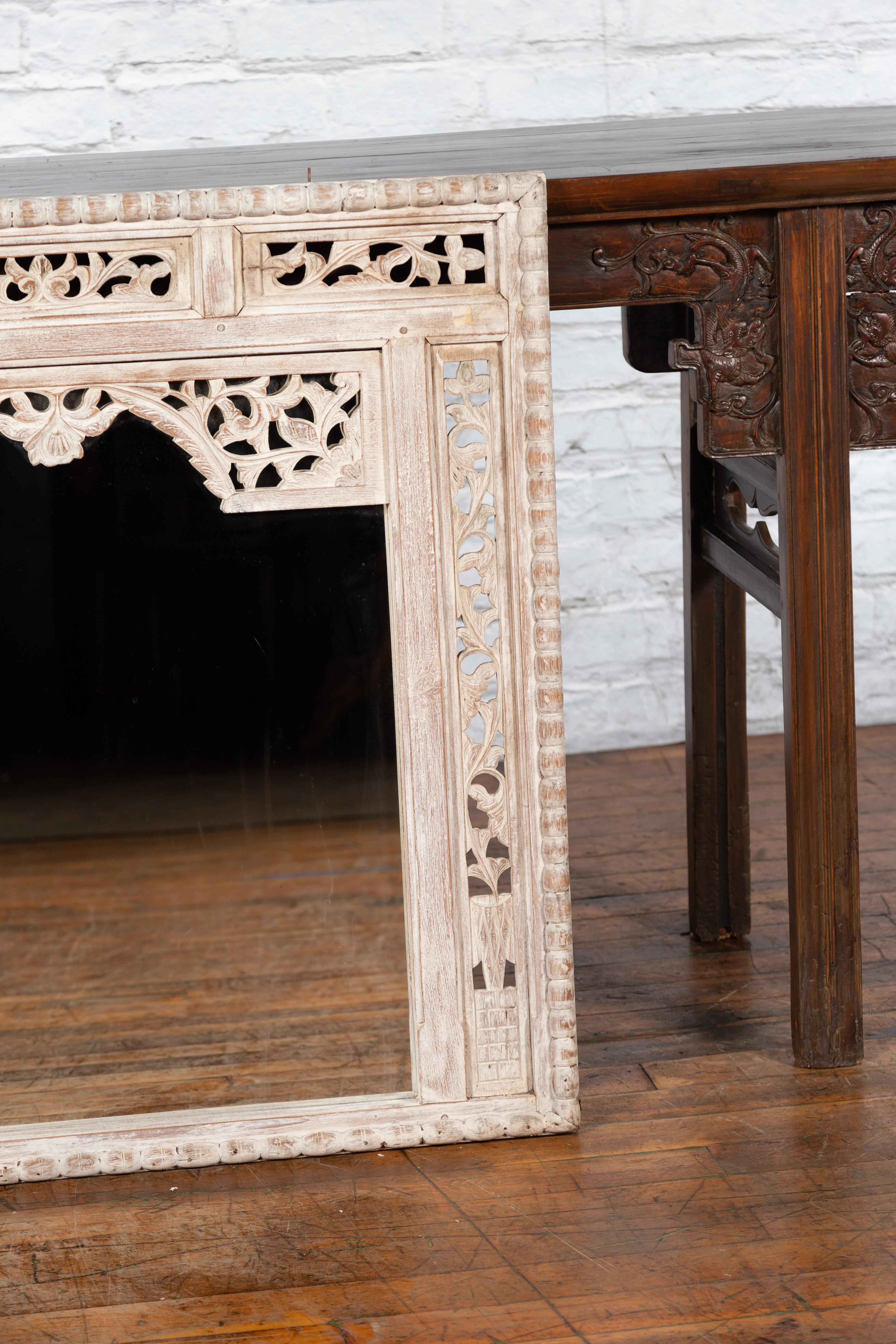 19th Century Painted Thai Mirror with Hand-Carved Scrolling Floral Décor For Sale 4